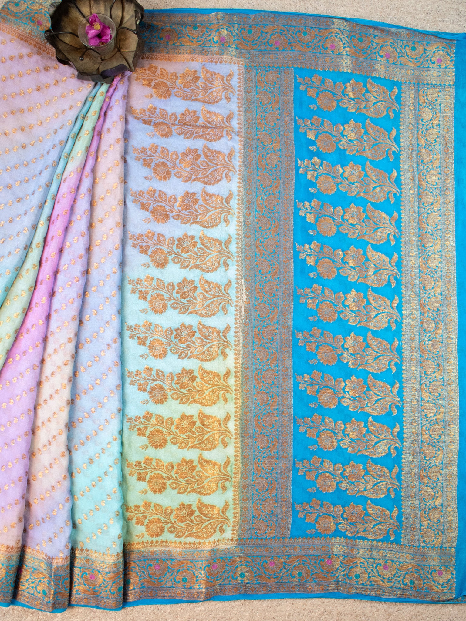 Banaras Pure Georgette Shaded Saree With Antique Resham Weaving- Sky Blue