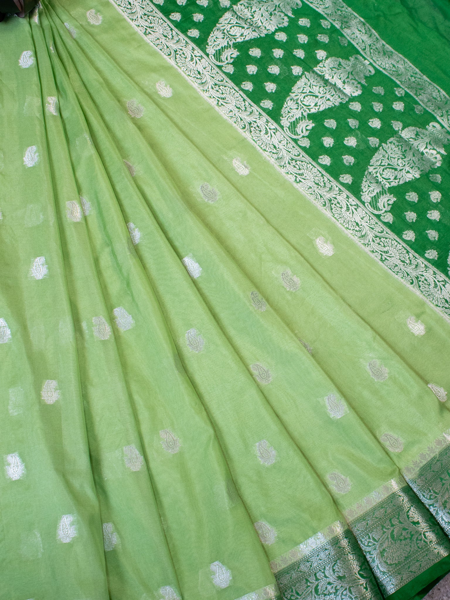 Banarasi Semi Chiffon Saree Silver Zari Buti Weaving With Contrast Border- Green