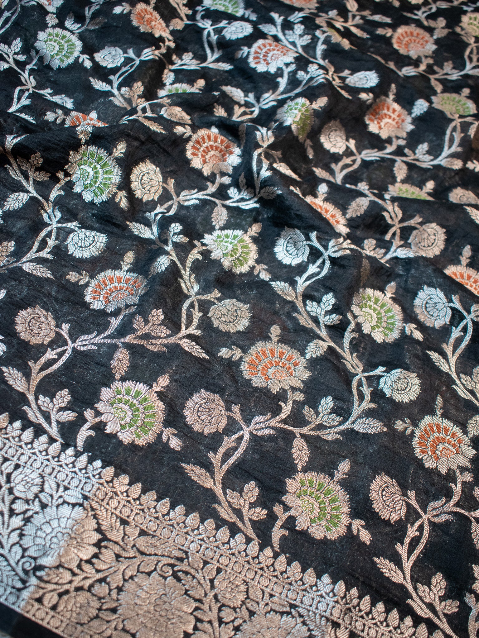 Banarasi Cotton Silk Saree Silver Zari Floral Weaving With Border- Black