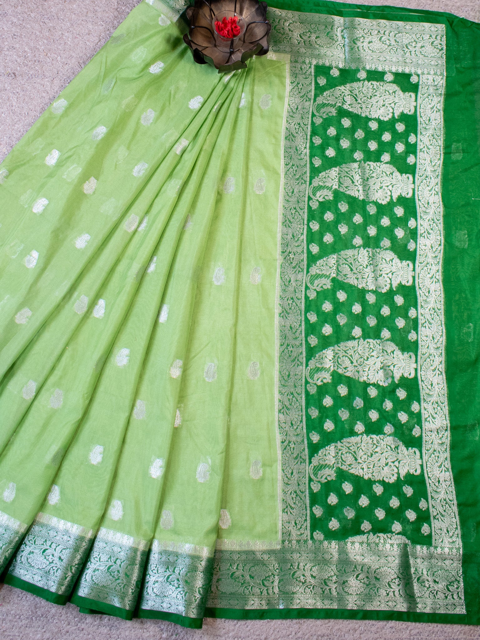 Banarasi Semi Chiffon Saree Silver Zari Buti Weaving With Contrast Border- Green