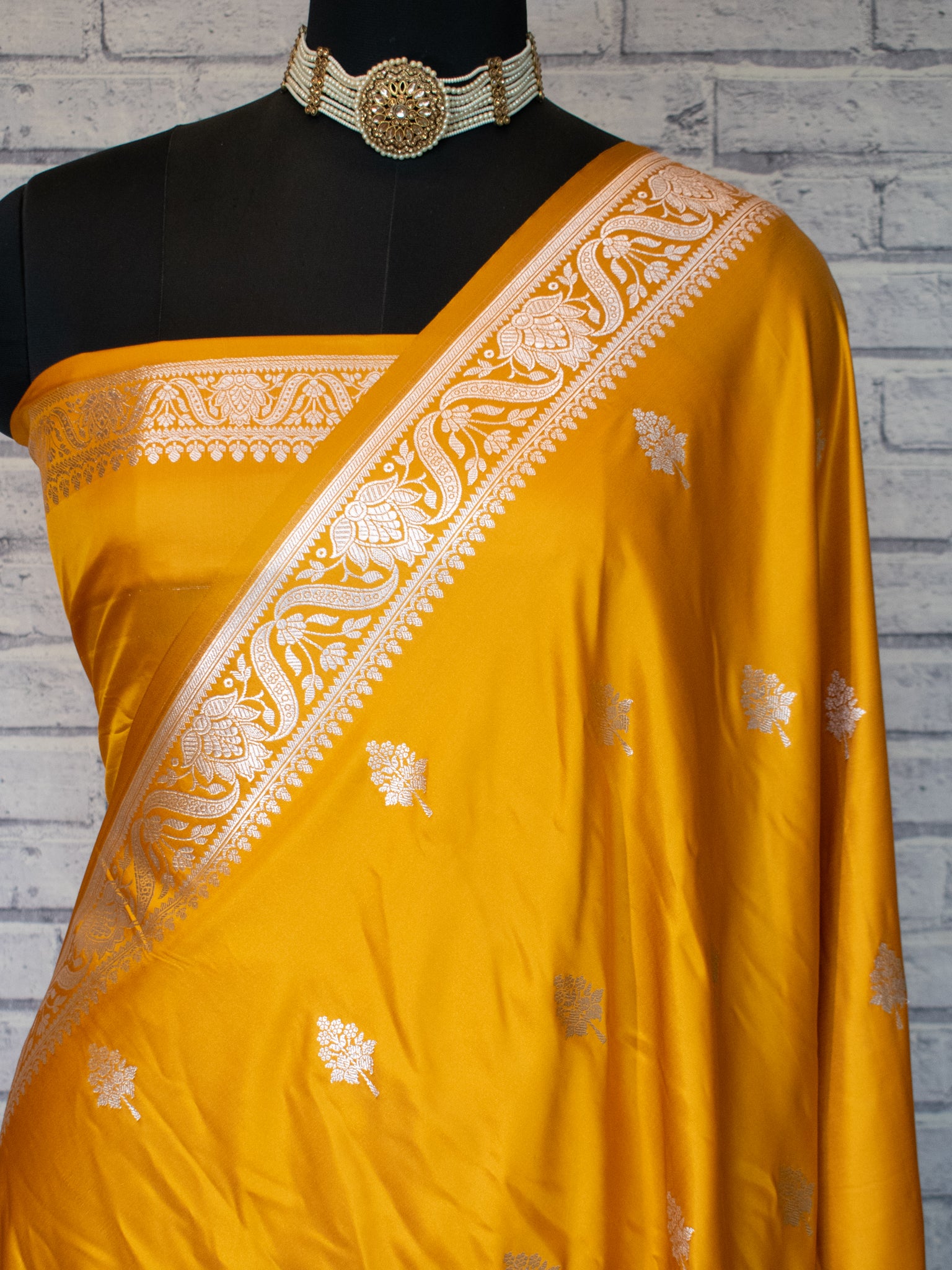 Banarasi Mashru Silk Saree With Buti & Border- Yellow