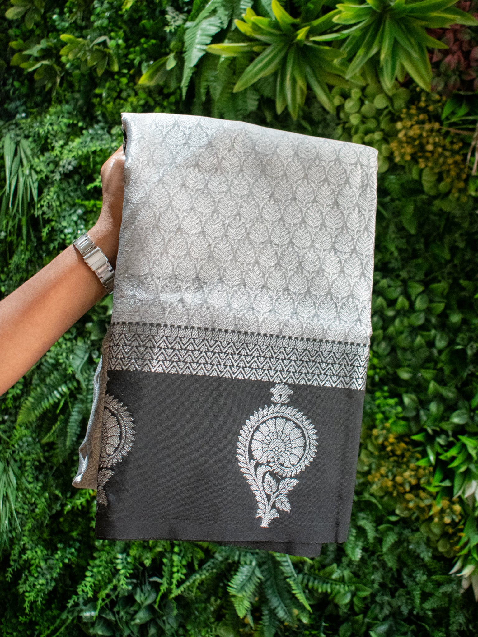 Banarasi Kora Muslin Saree With Tanchoi Weaving & Contrast Border-Grey & Black