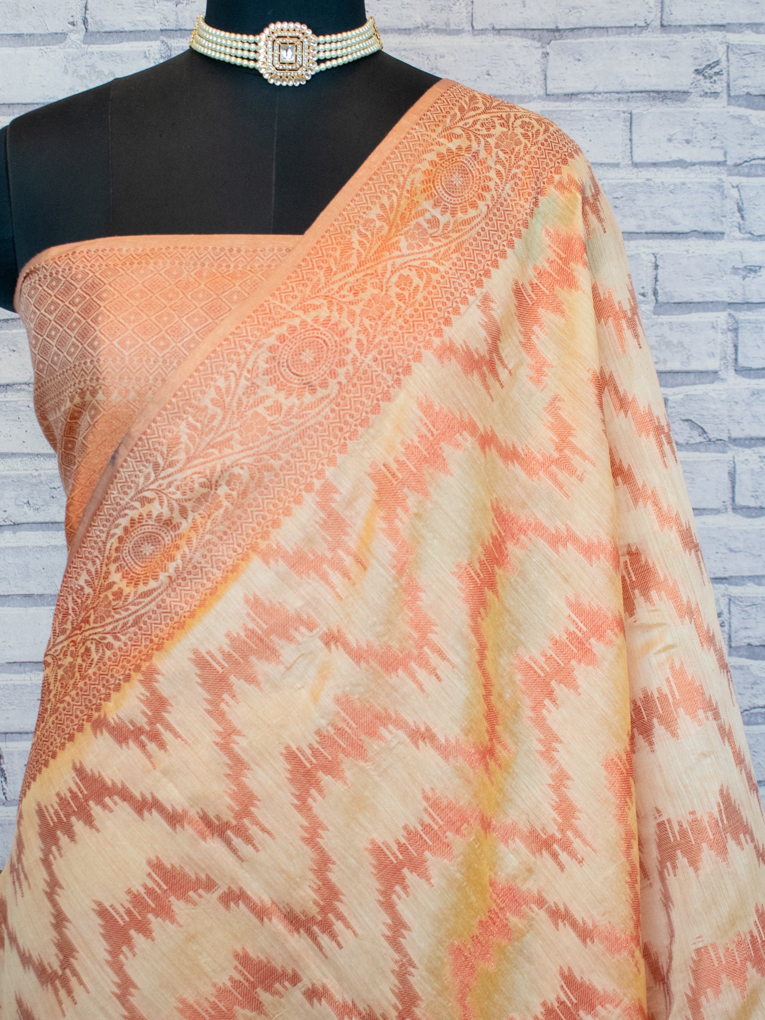 Banarasi Cotton Silk Saree With Zigzag Zari Weaving- Bronze