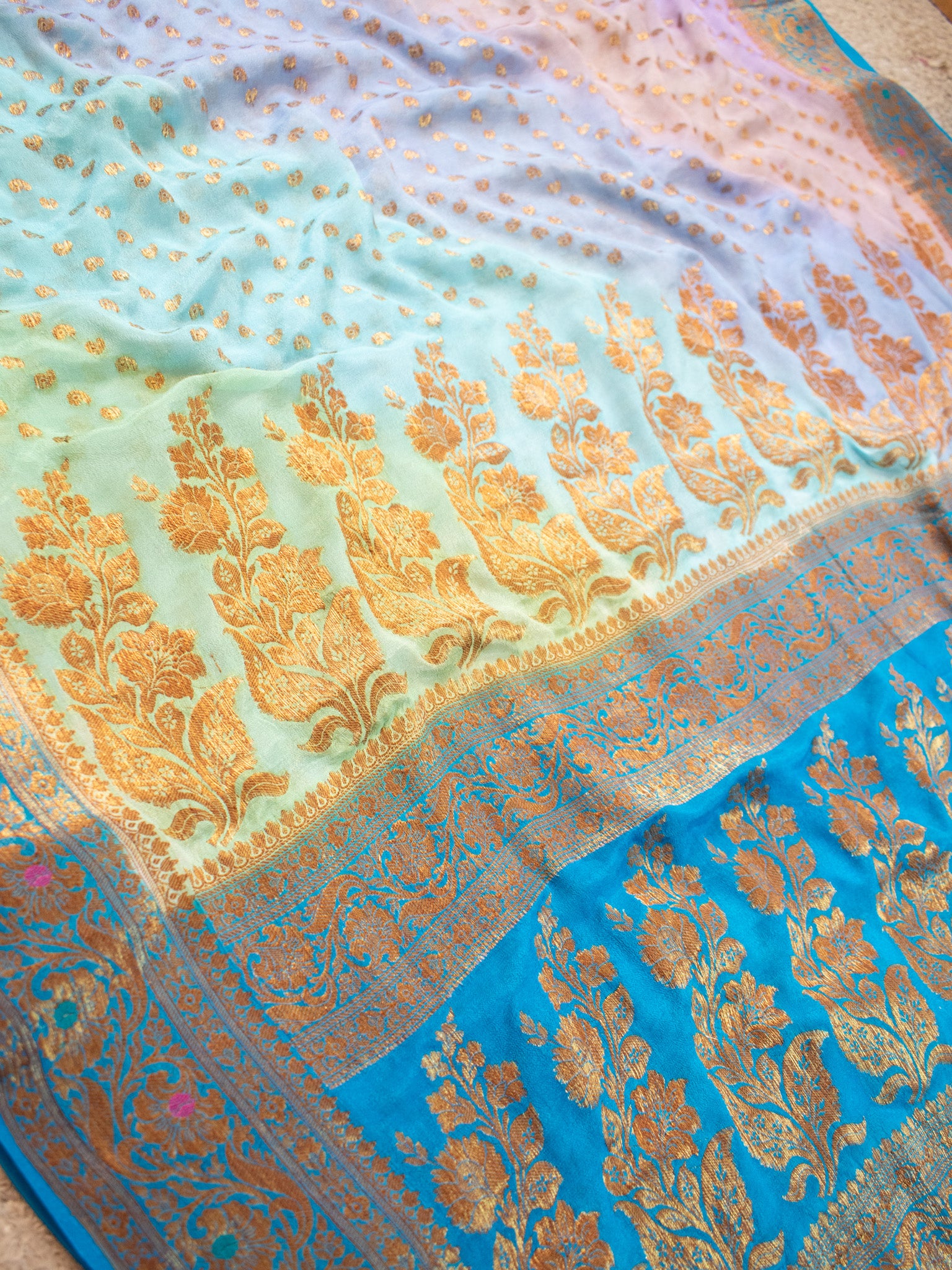 Banaras Pure Georgette Shaded Saree With Antique Resham Weaving- Sky Blue