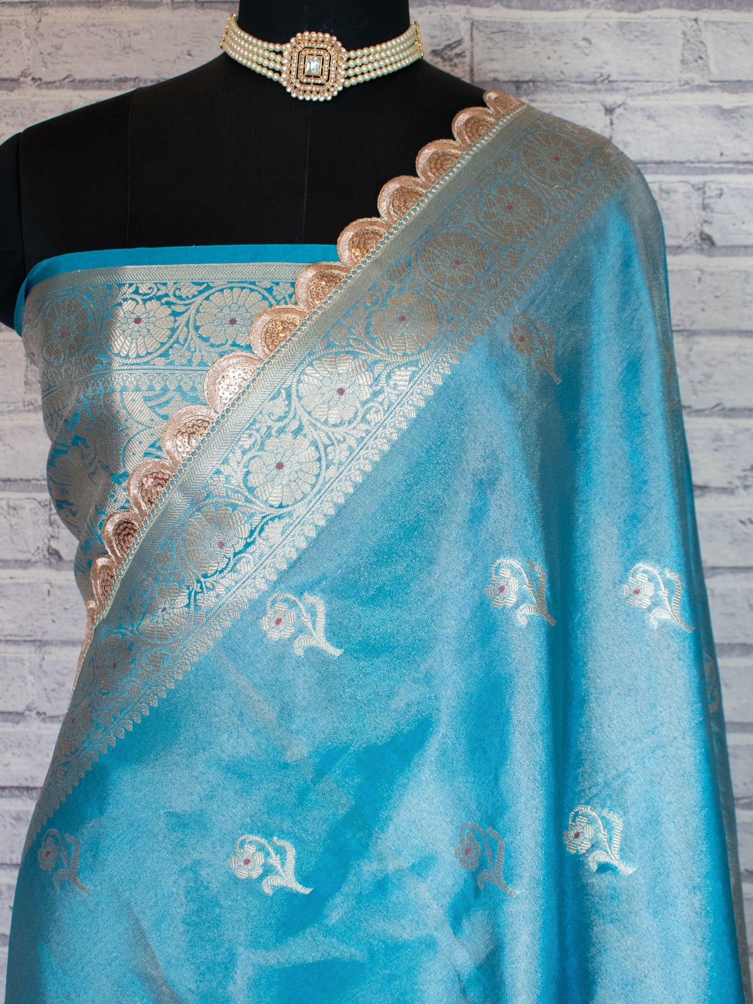 Banarasi Tissue Saree With Zari Weaving & Lace Border- Blue