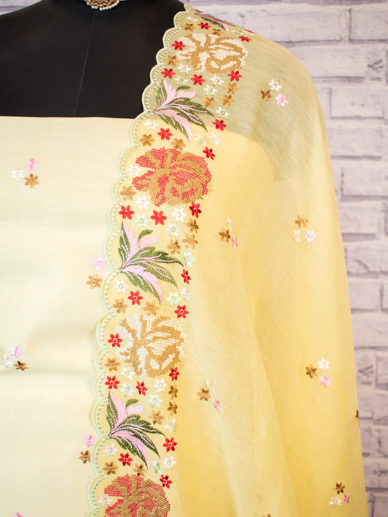 Banarasi Soft Cotton Embroidered Salwar Kameez Fabric With Dupatta- Yellow