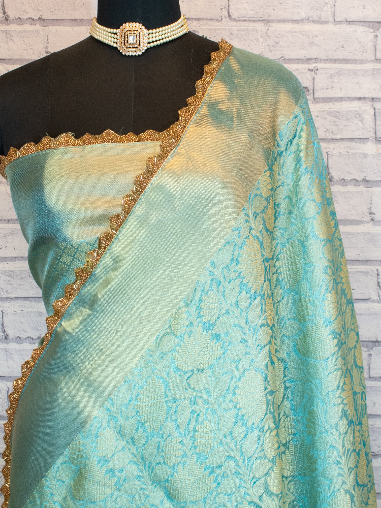 Banarasi Tissue Saree With Lace Border - Aqua Blue