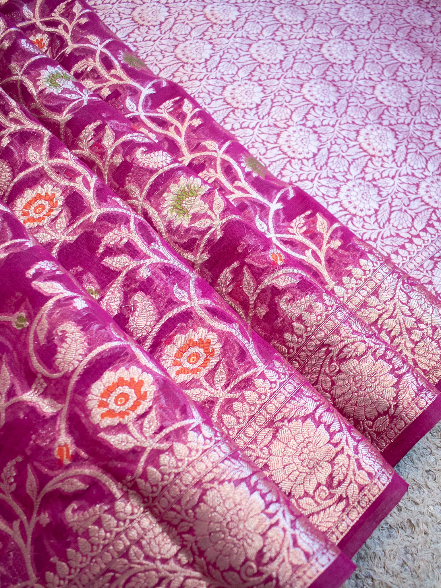 Banarasi Cotton Silk Saree Silver Zari Floral Weaving With Border- Purple