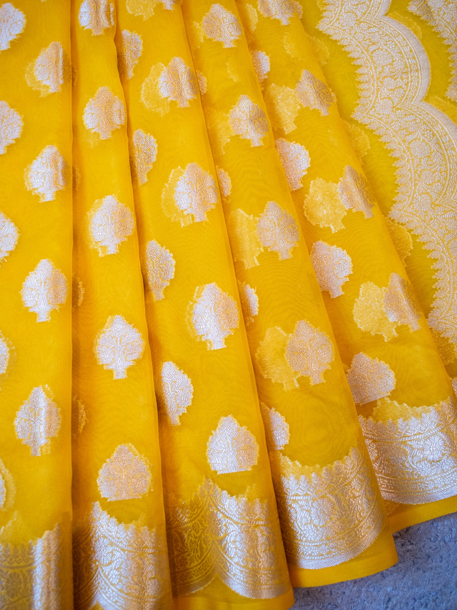 Banarasi Organza Saree With Zari Buta & Border- Yellow