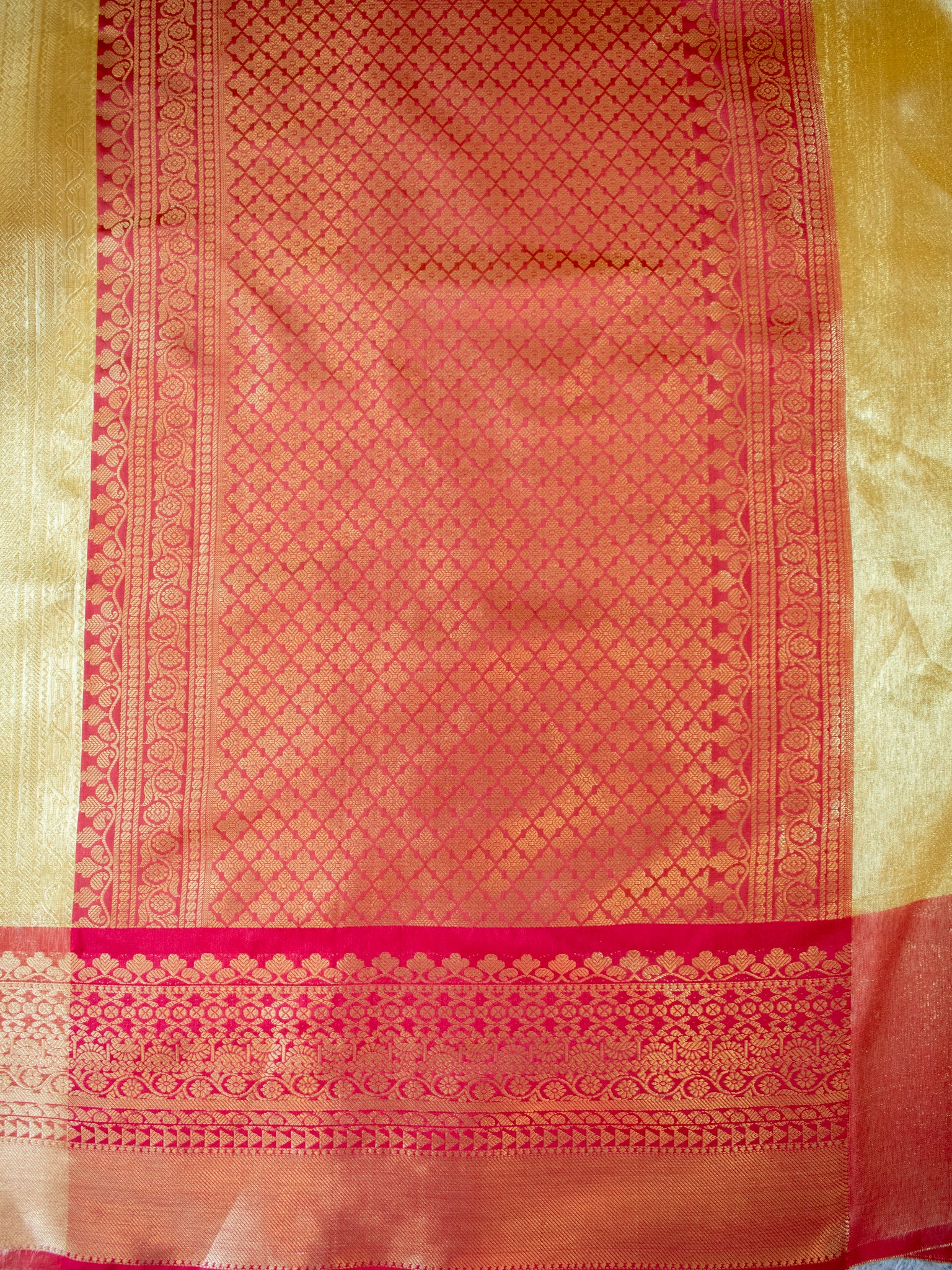 Banarasi Kora Muslin Saree With Zari Weaving & Contrast Border- Gold