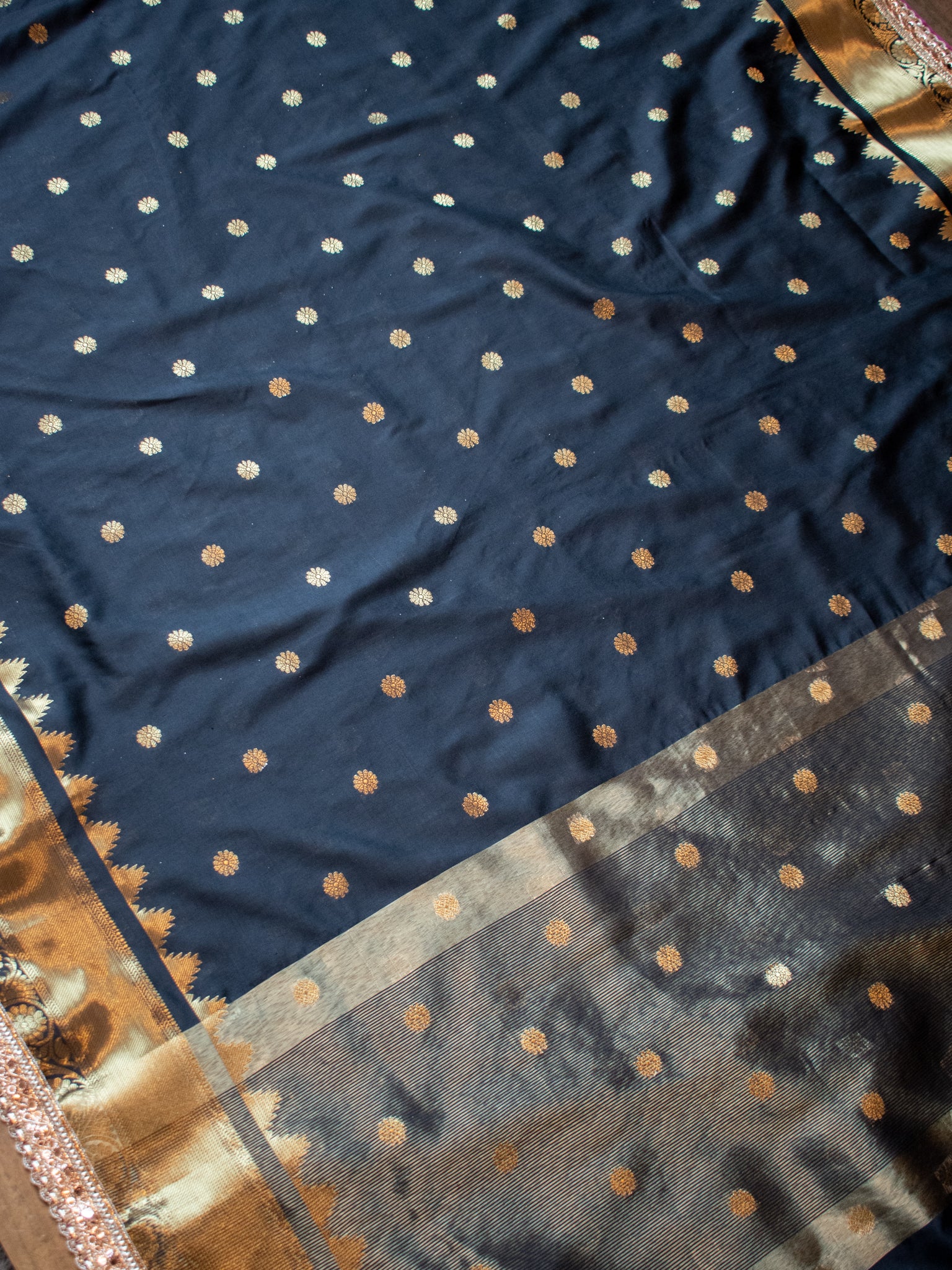 Banarasi Semi Silk Saree with Zari Buti Weaving & Lace Border - Black