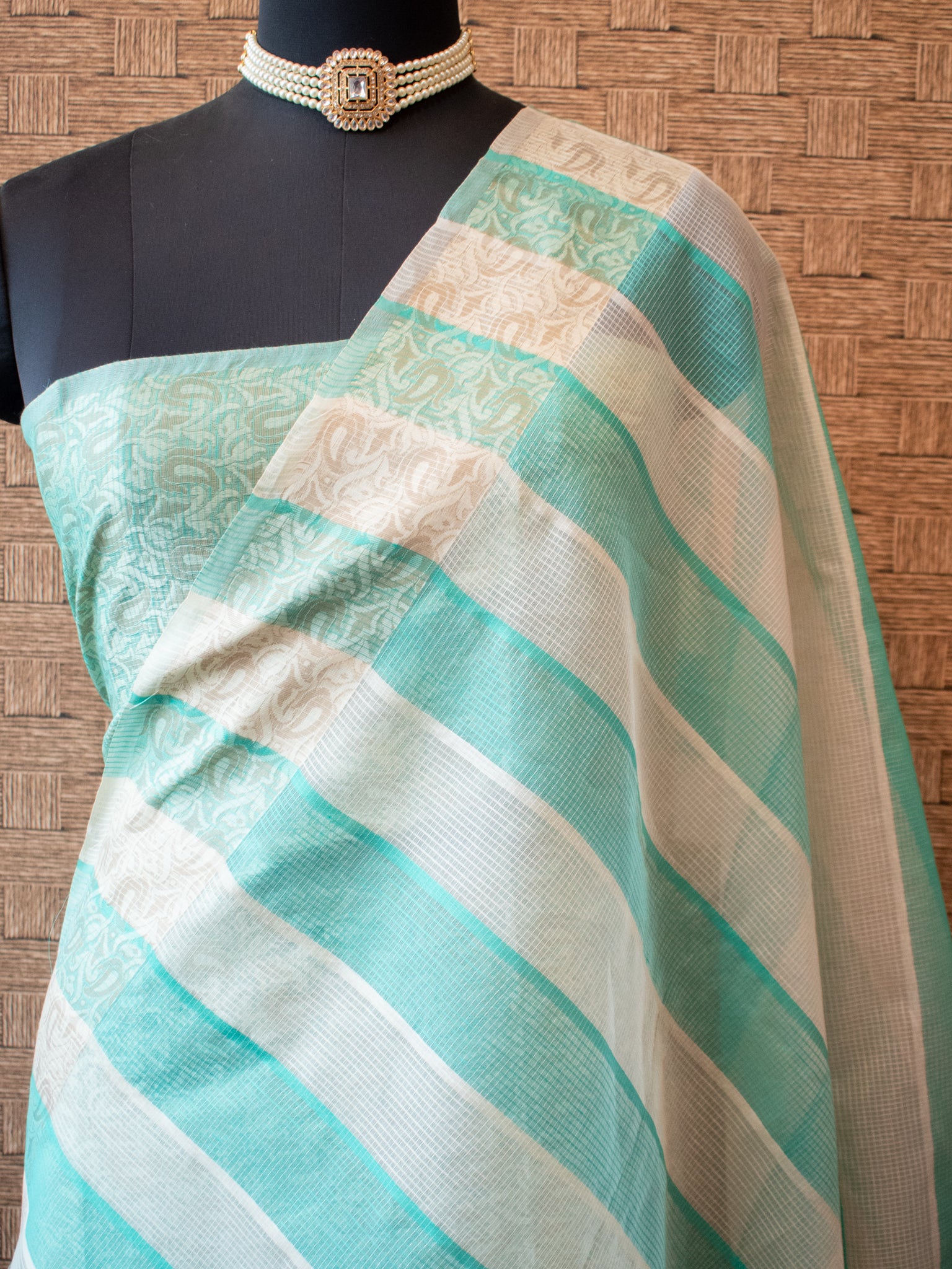 Banarasi Kota Check Saree with Resham Weaving Border- Green