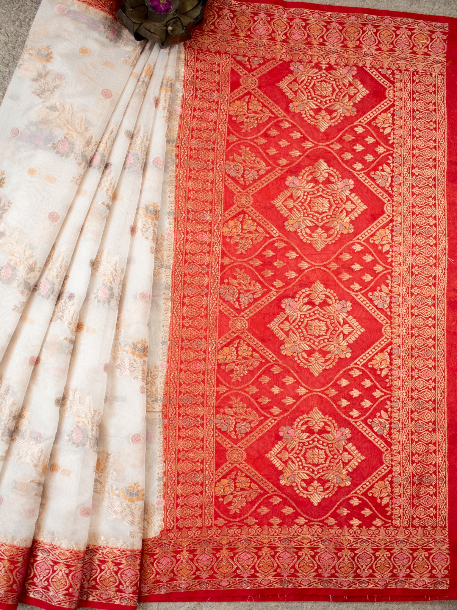 Banarasi Semi Georgette Saree With Contrast Border- White & Red