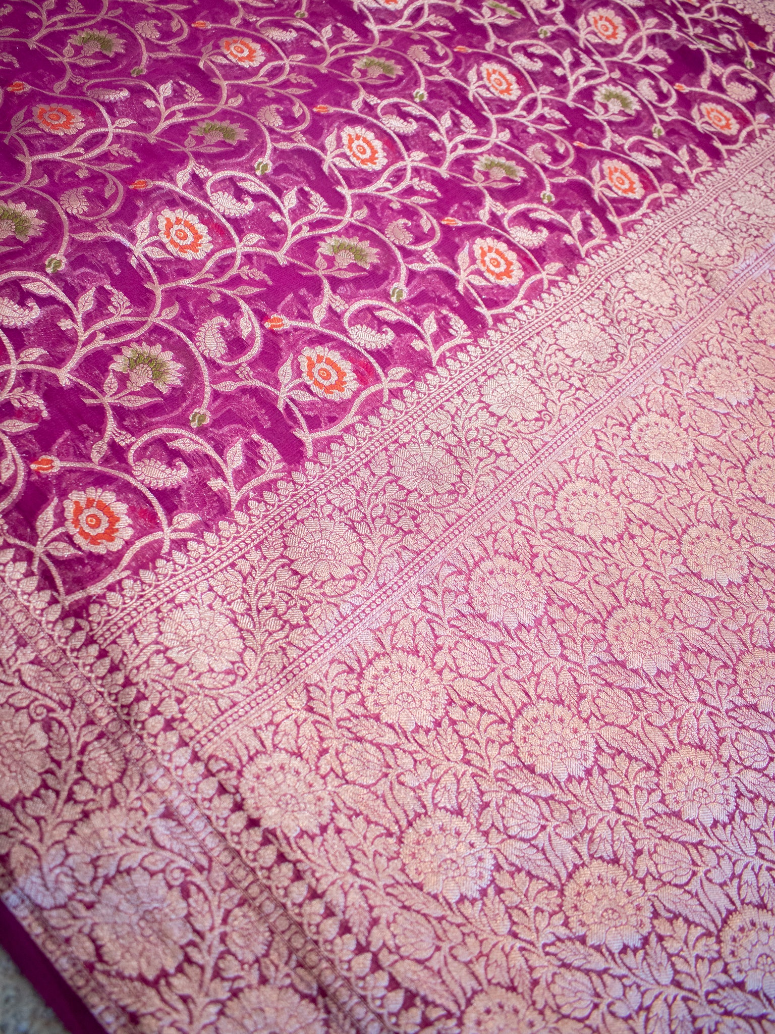 Banarasi Cotton Silk Saree Silver Zari Floral Weaving With Border- Purple