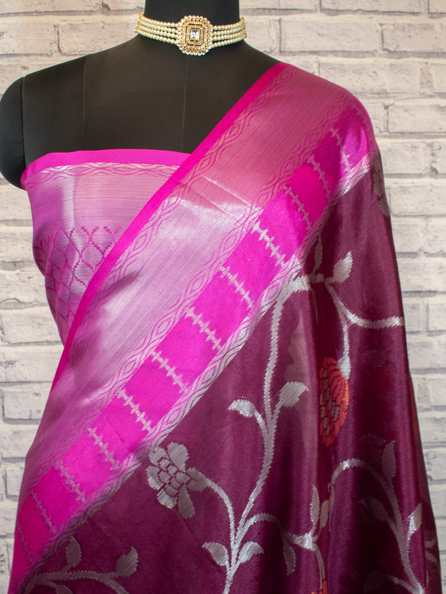 Banarasi Cotton Mix Saree with Floral Weaving & Border- Wine
