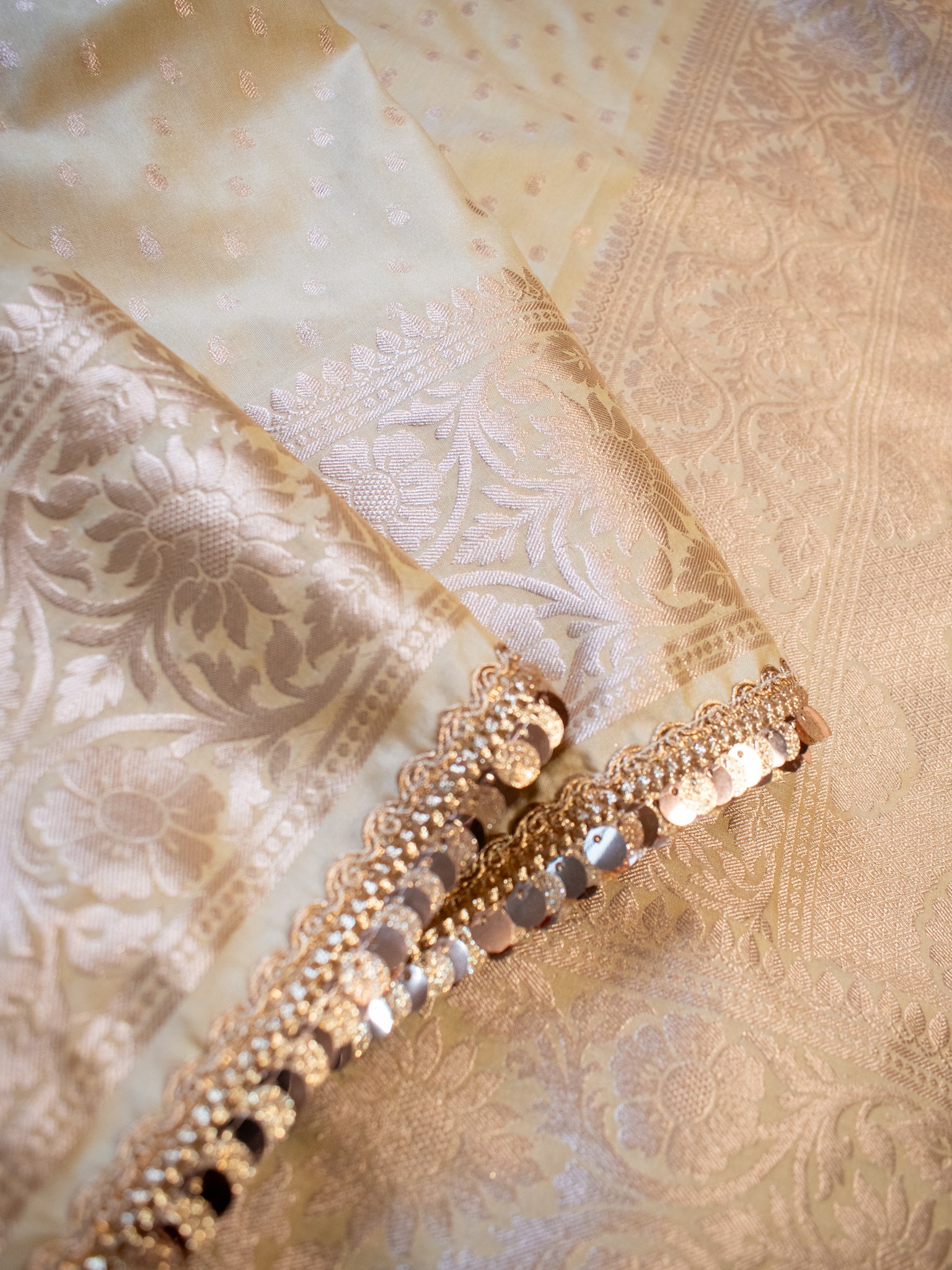 Banarasi Silk Saree With Buti Weaving & Lace Border- Beige
