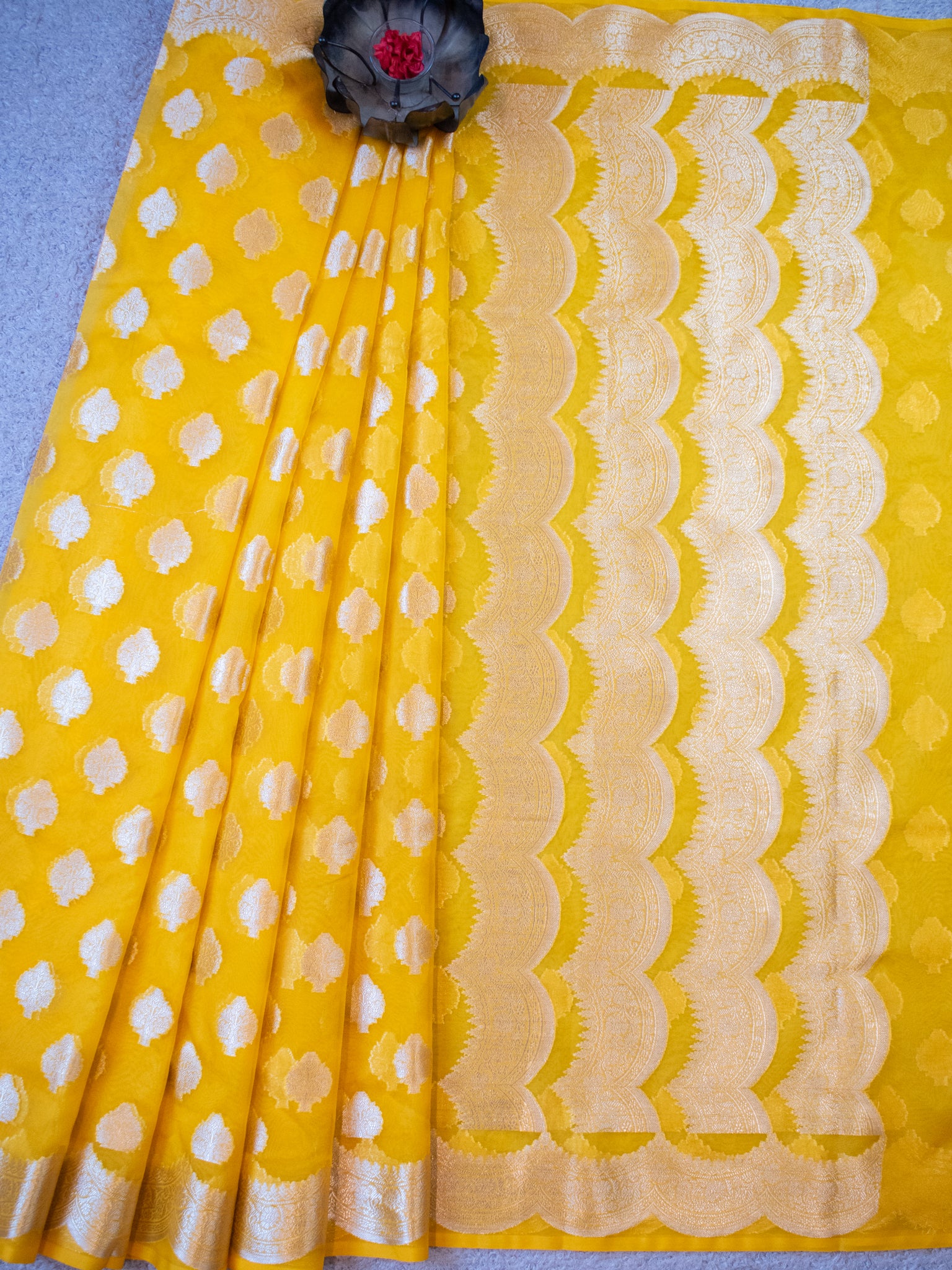 Banarasi Organza Saree With Zari Buta & Border- Yellow