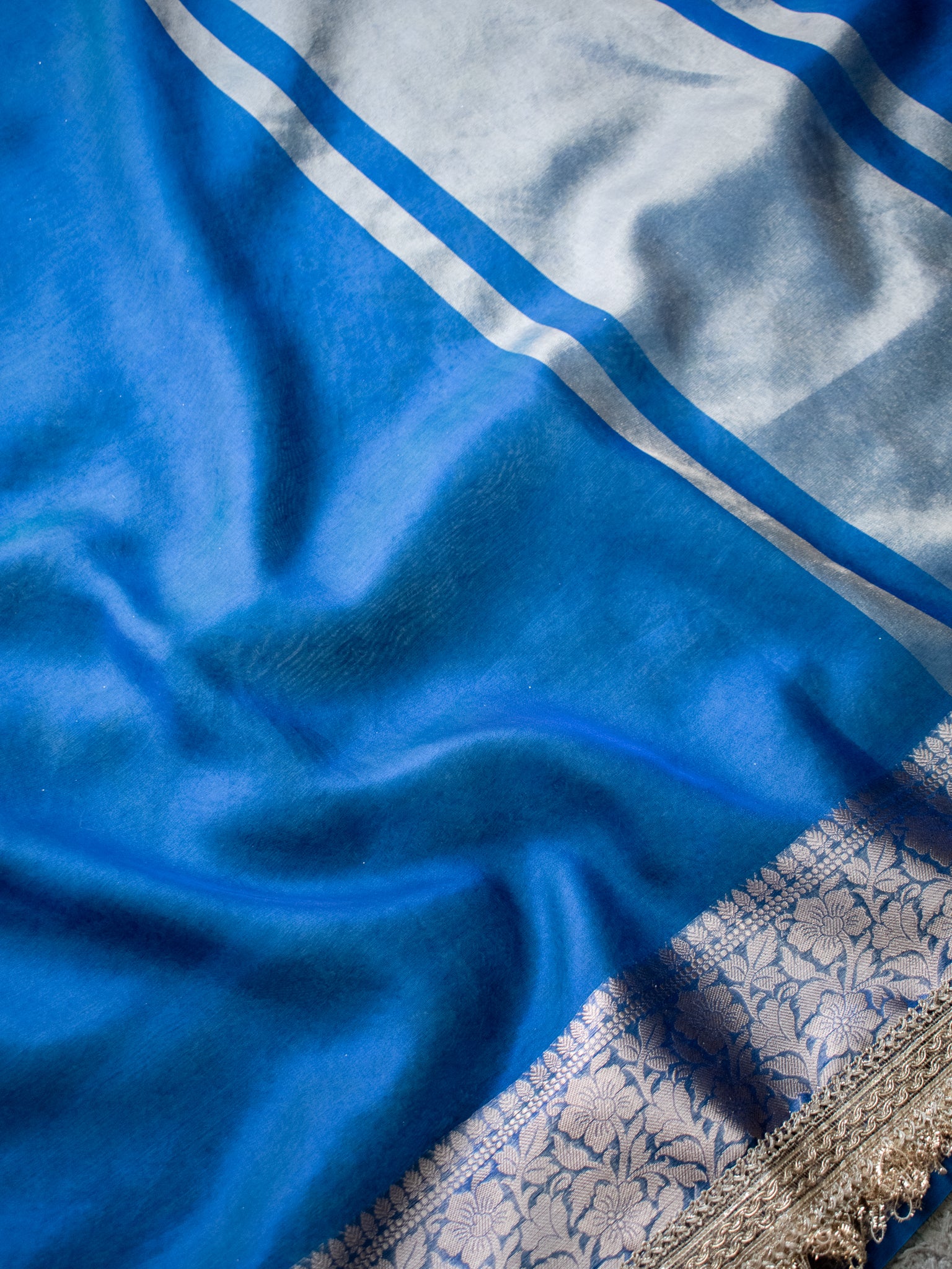 Banarasi Tissue Saree With Zari Weaving & Lace Border - Blue