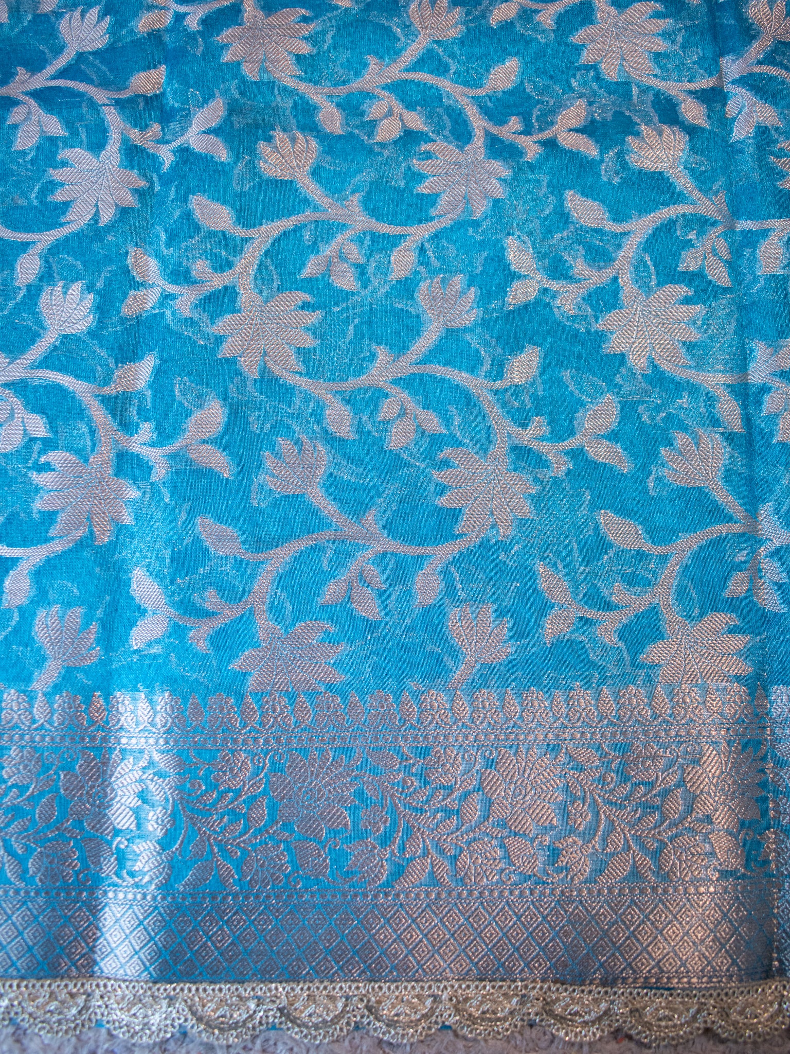 Banarasi Plain Tissue Saree With Lace Border - Blue