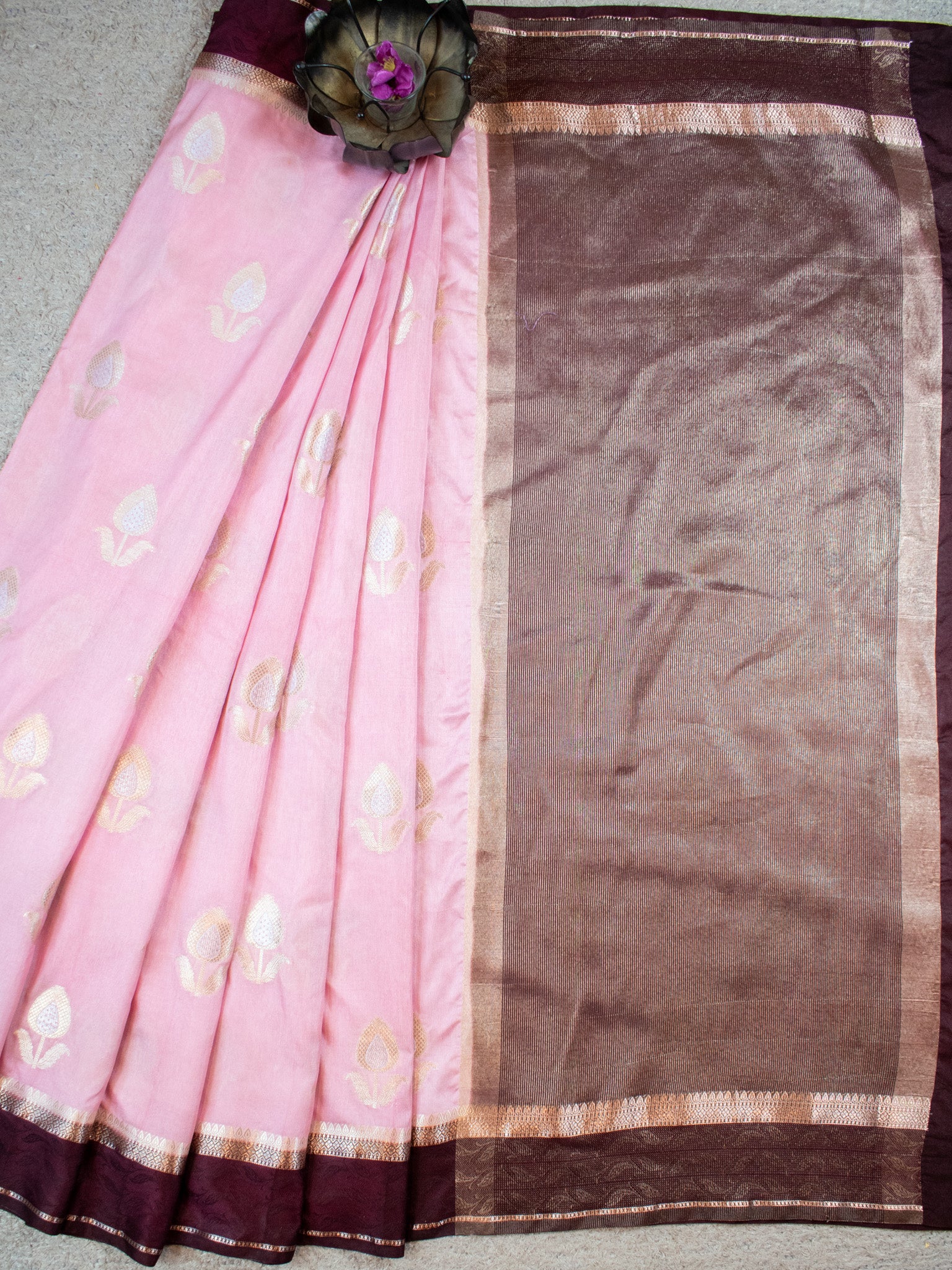 Banarasi Semi Silk Saree With Floral Zari Weaving & Contrast Border - Baby Pink