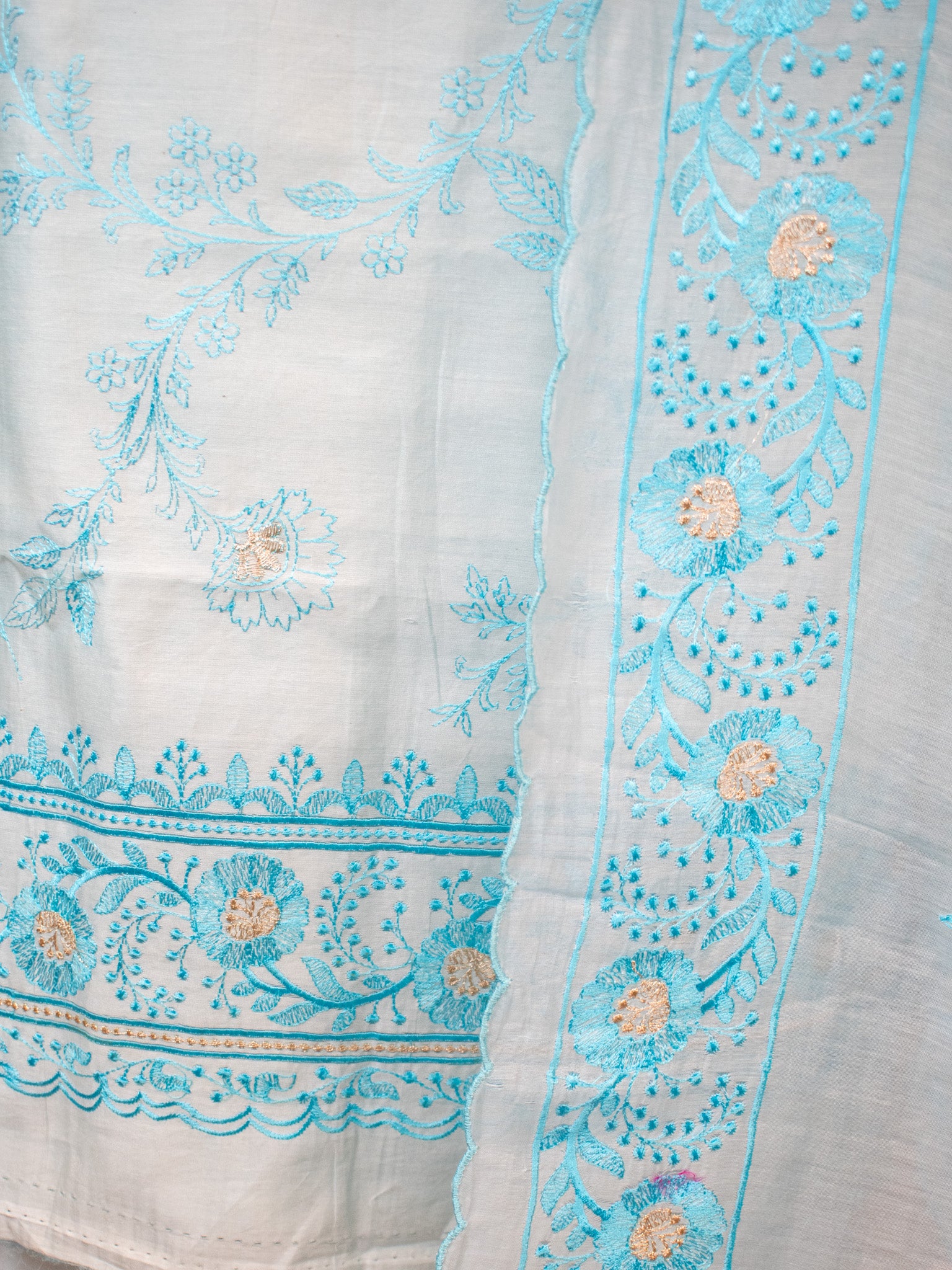 Banarasi Soft Cotton Embroidered Salwar Kameez Fabric With Dupatta- Blue