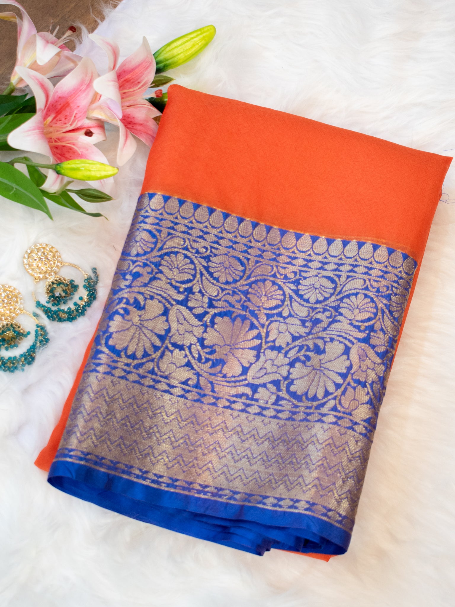 Banarasi Plain Cotton Silk Saree With Contrast Border - Orange