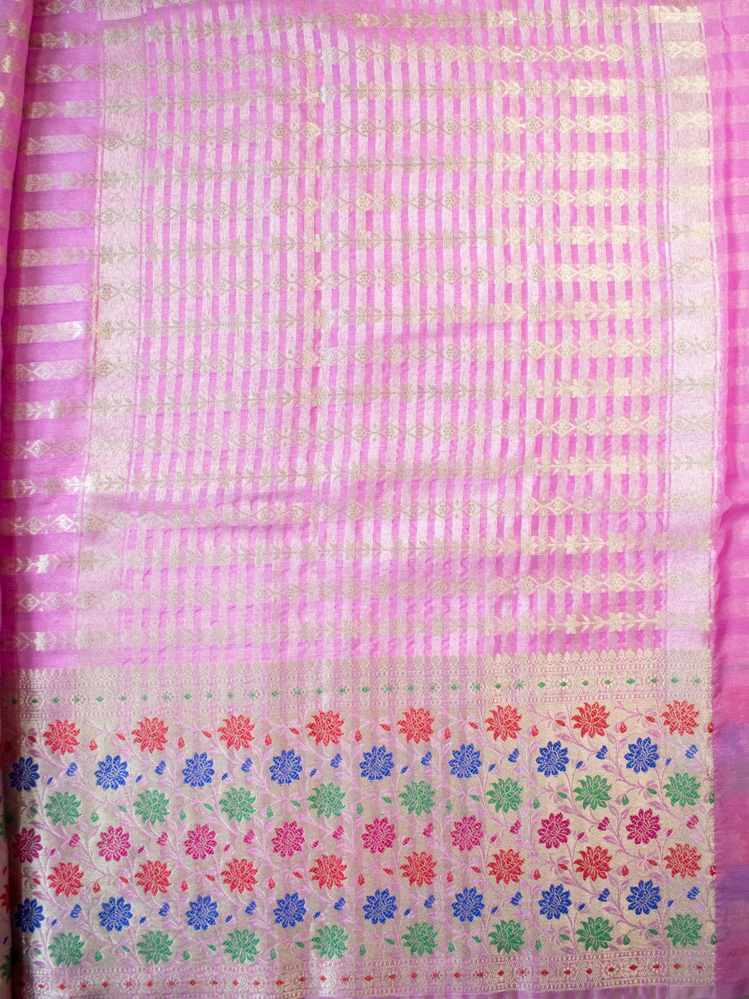 Banarasi Kora Saree With Zari Weaving & Meena Border-Pink