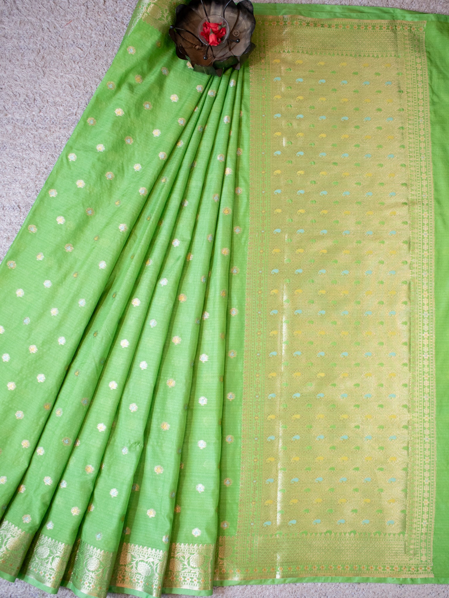 Banarasi Semi Silk Saree With Zari Weaving & Border- Green