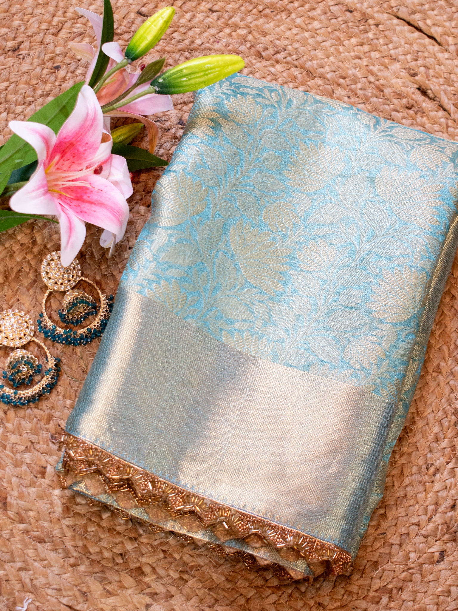 Banarasi Tissue Saree With Lace Border - Aqua Blue