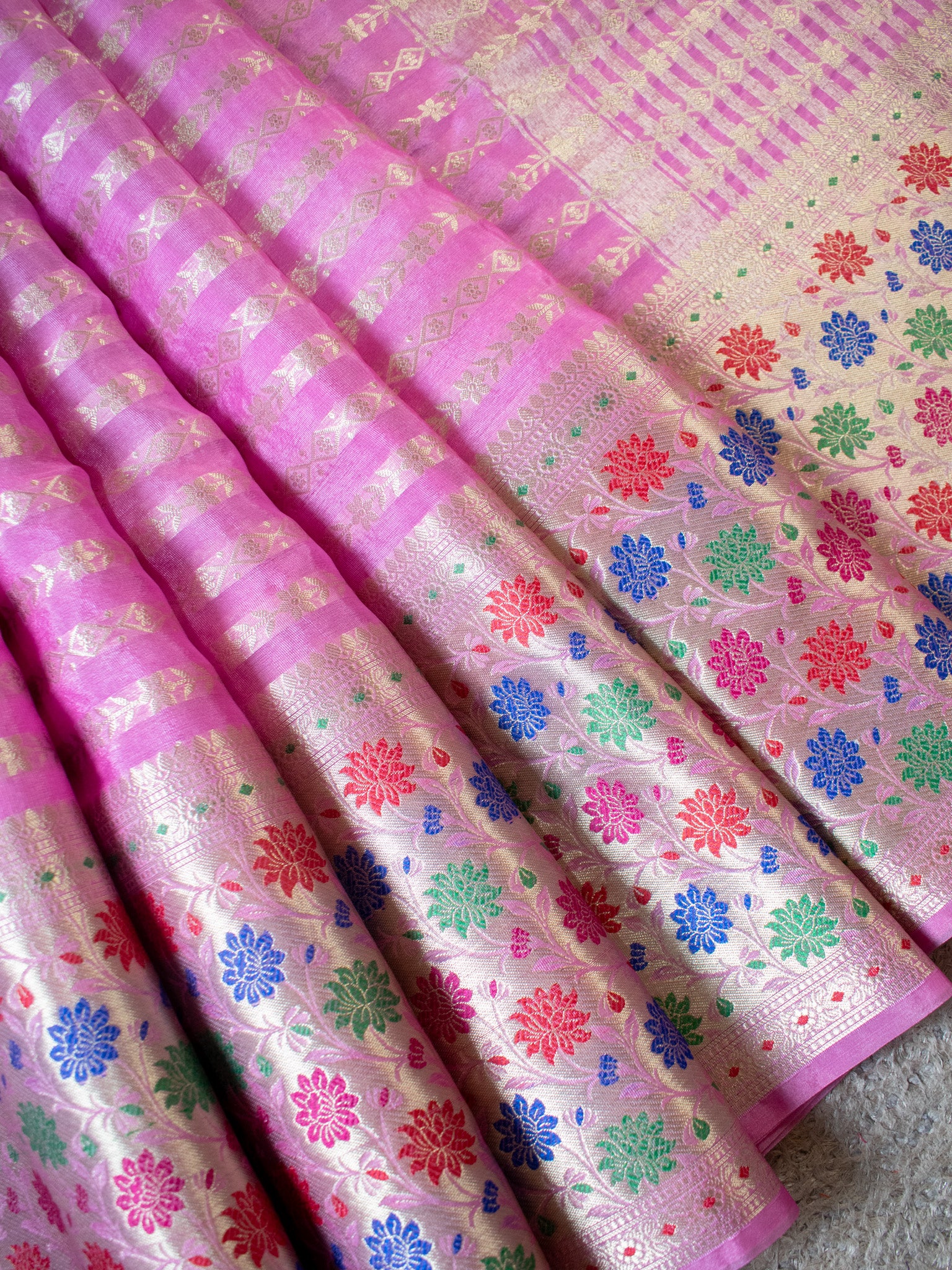 Banarasi Kora Saree With Zari Weaving & Meena Border-Pink