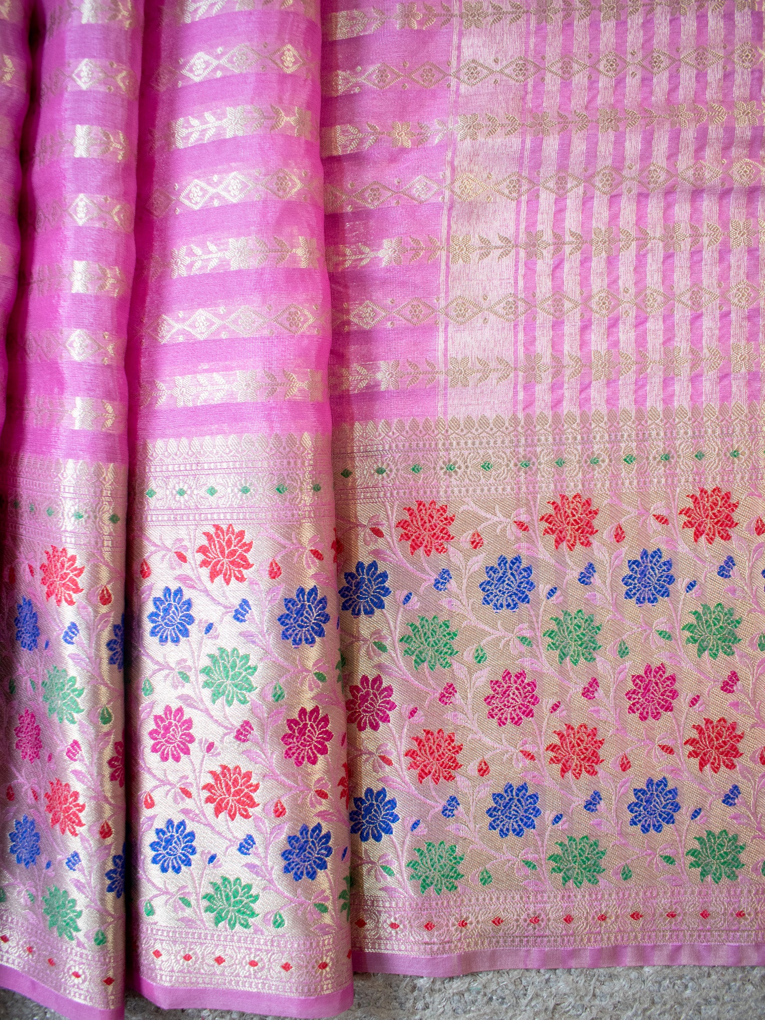 Banarasi Kora Saree With Zari Weaving & Meena Border-Pink