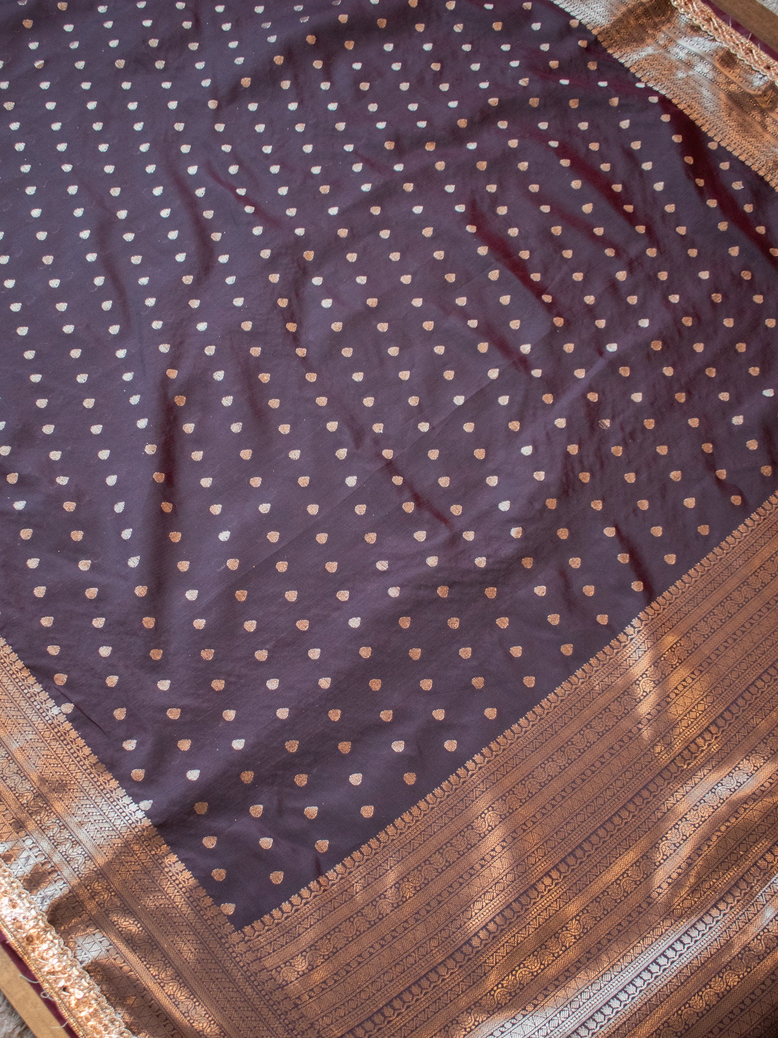 Banarasi Semi Silk Saree with Zari Buti Weaving & Lace Border - Brown