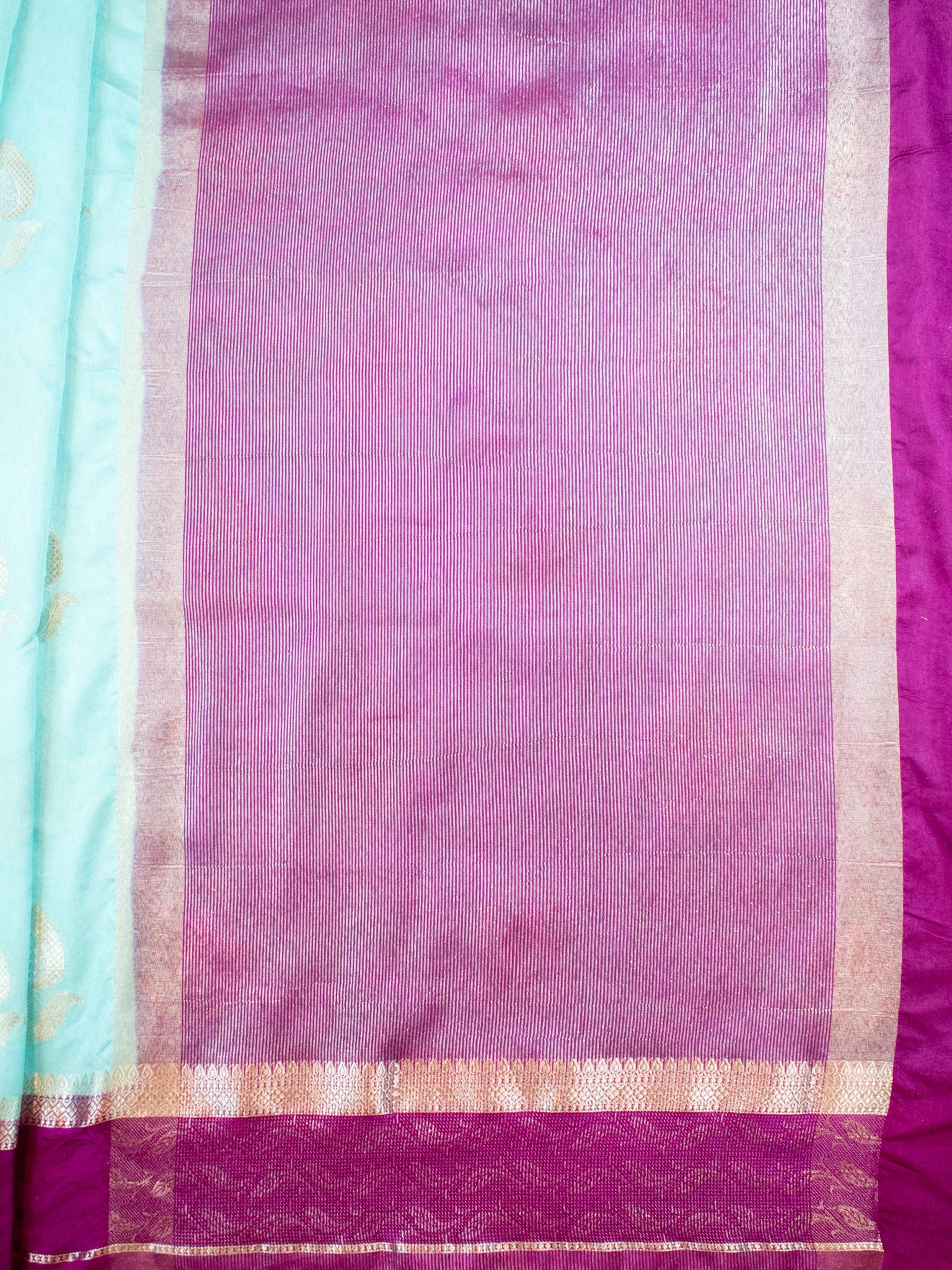 Banarasi Semi Silk Saree With Floral Zari Weaving & Contrast Border - Aqua Blue