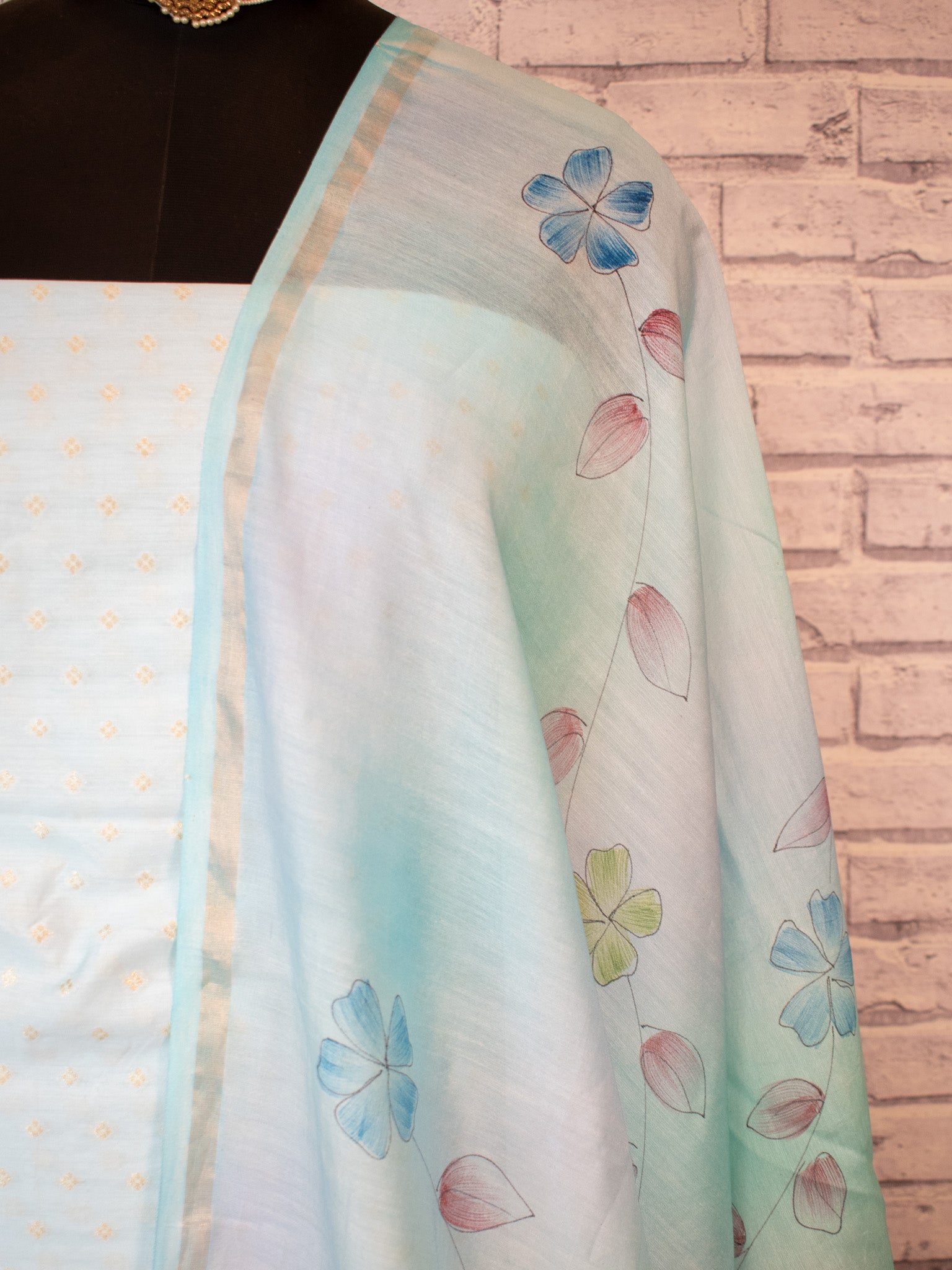 Banarasi Soft Cotton Salwar Kameez Fabric With Hand Painted Dupatta- Blue