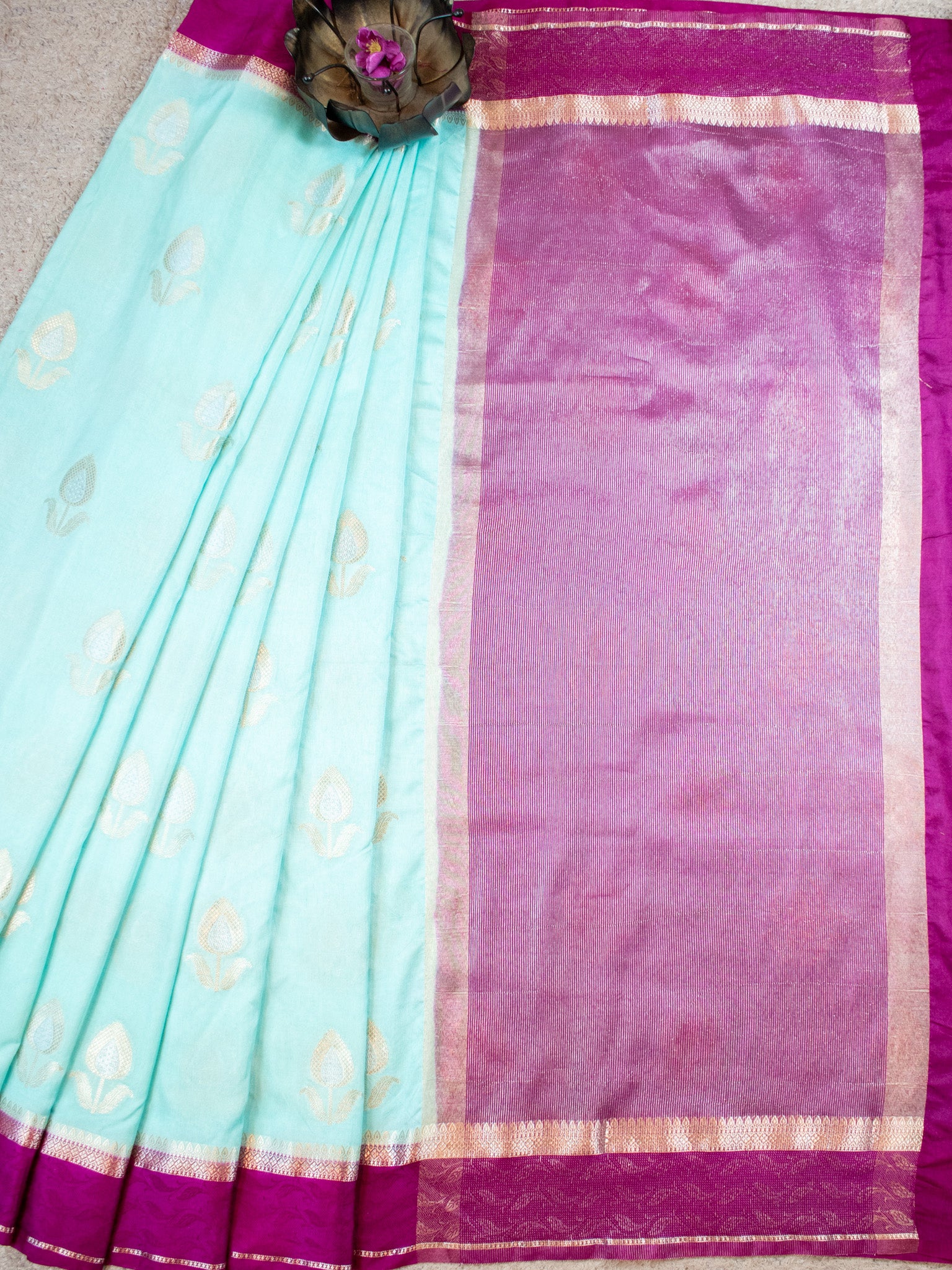 Banarasi Semi Silk Saree With Floral Zari Weaving & Contrast Border - Aqua Blue