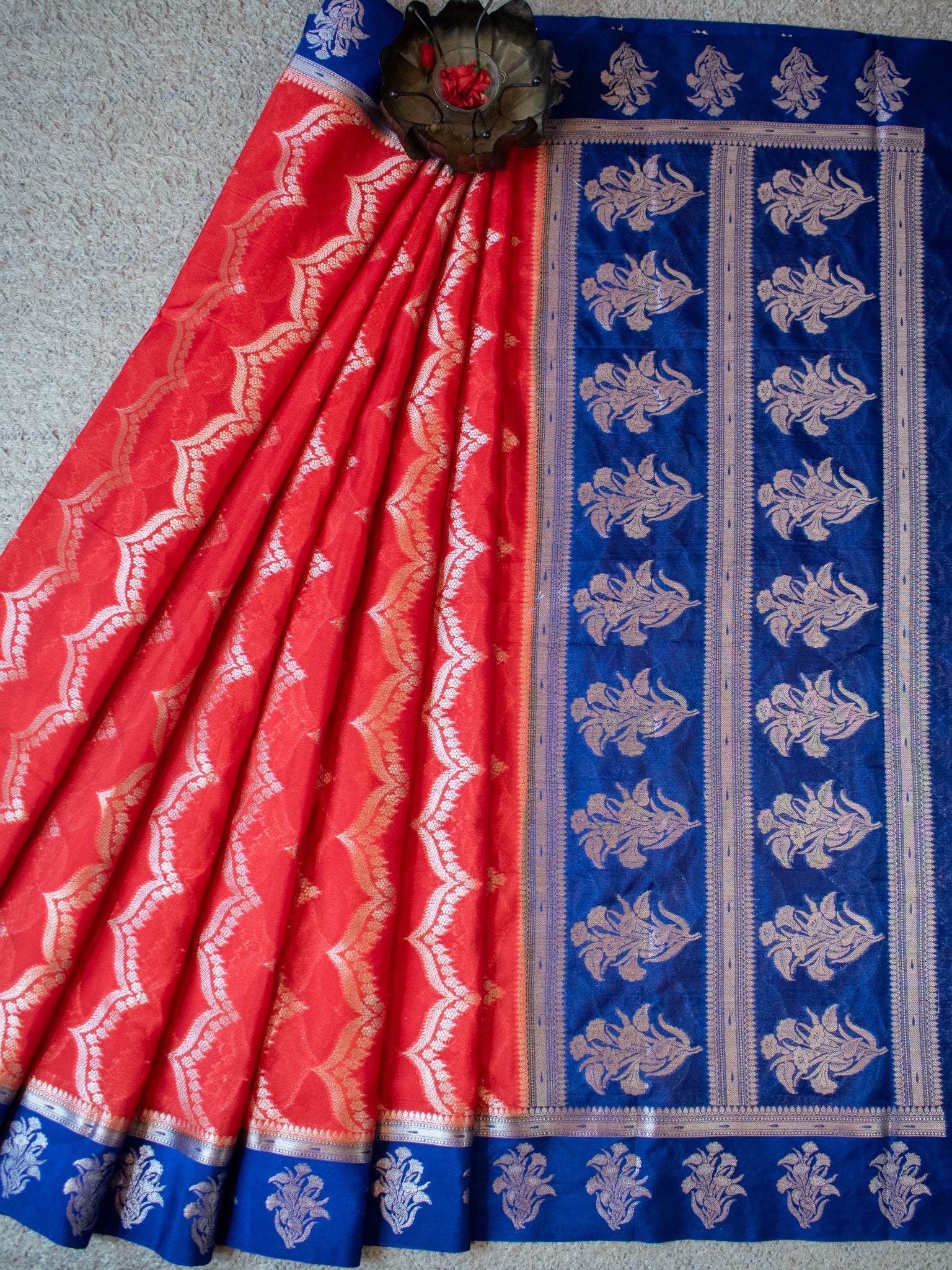 Banarasi Semi Silk Saree With Silver Zari Weaving & Contrast Border- Red