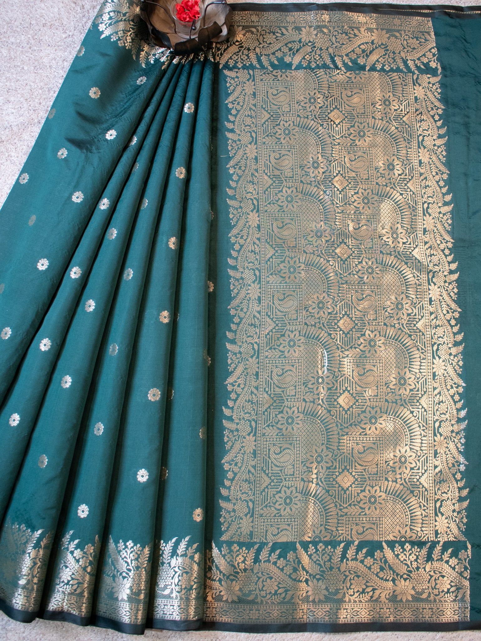 Banarasi Semi Katan Silk Saree With Border- Green