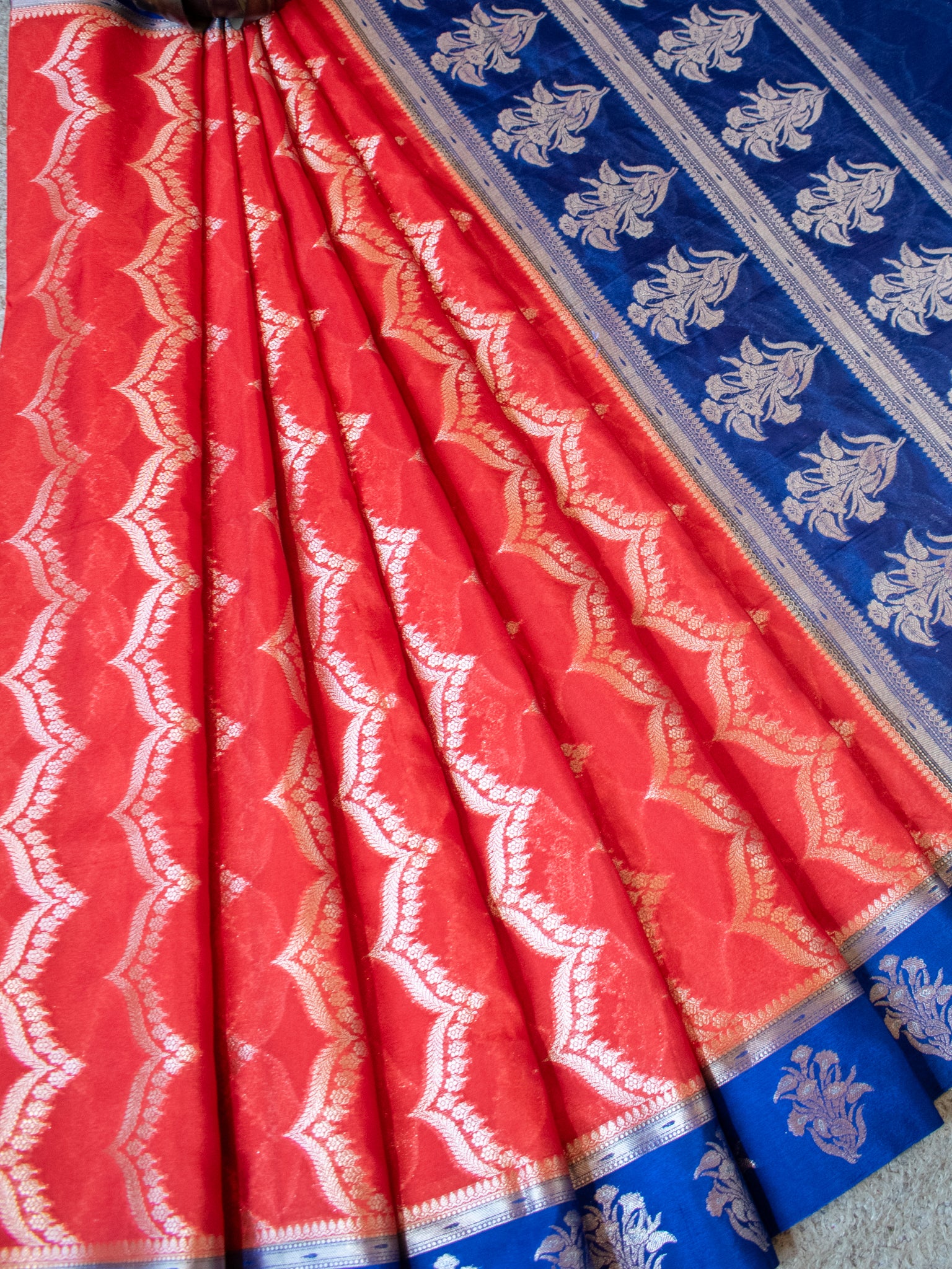 Banarasi Semi Silk Saree With Silver Zari Weaving & Contrast Border- Red
