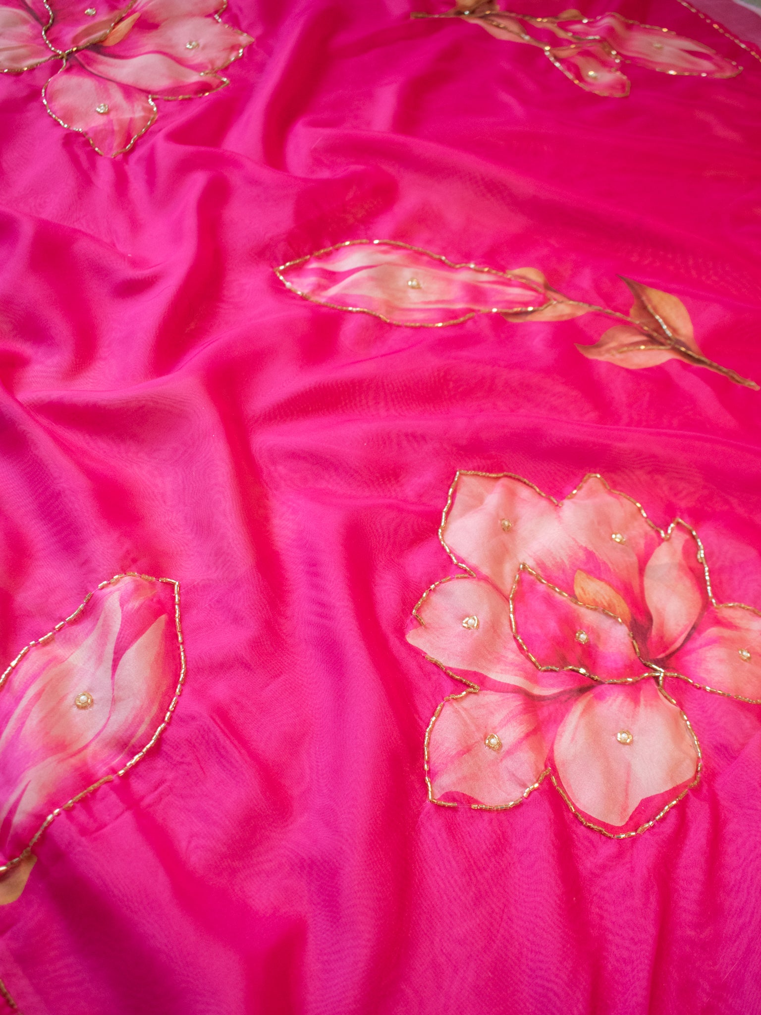 Semi Satin Floral Saree - Magenta