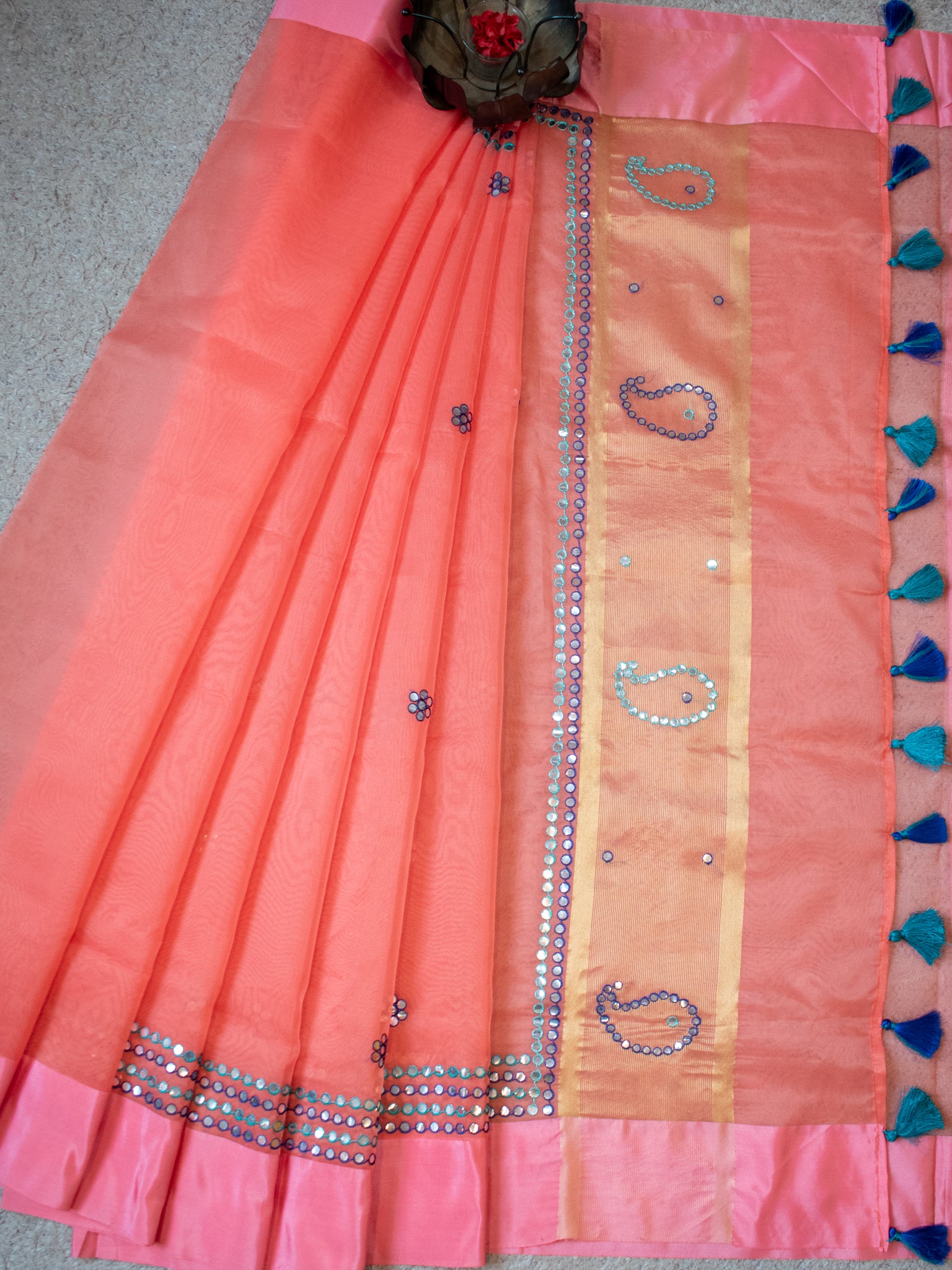Banarasi Organza Saree With Embroidery & Border - Peach