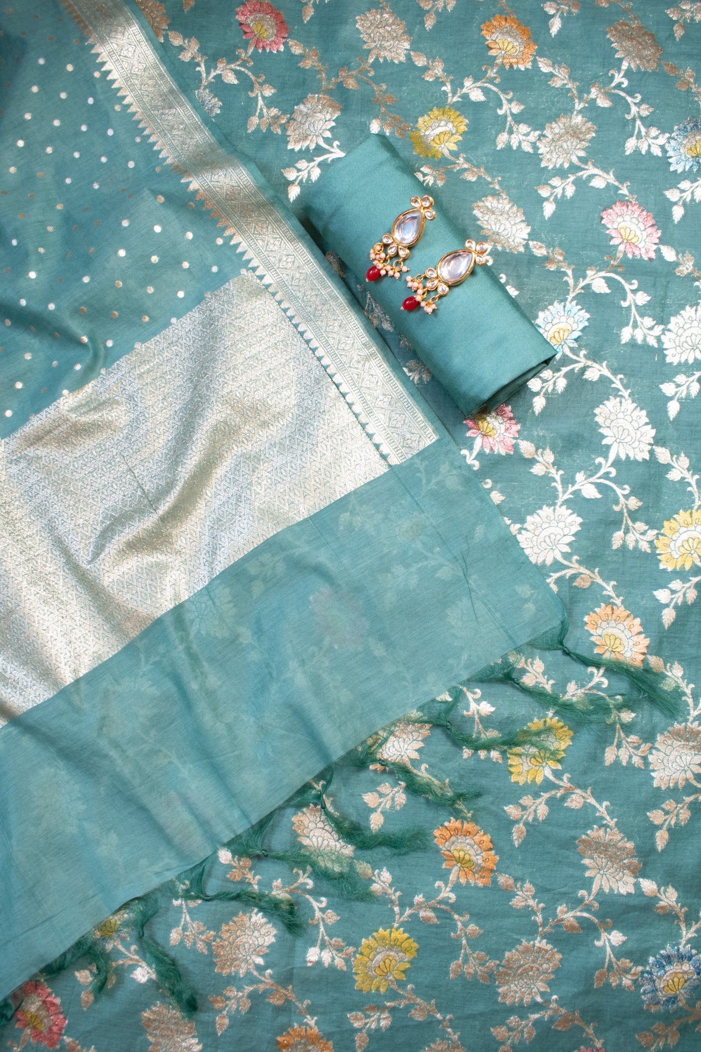Banarasi Cotton Silk Salwar Kameez Material With Silver Zari Jaal Weaving & Dupatta-Blue