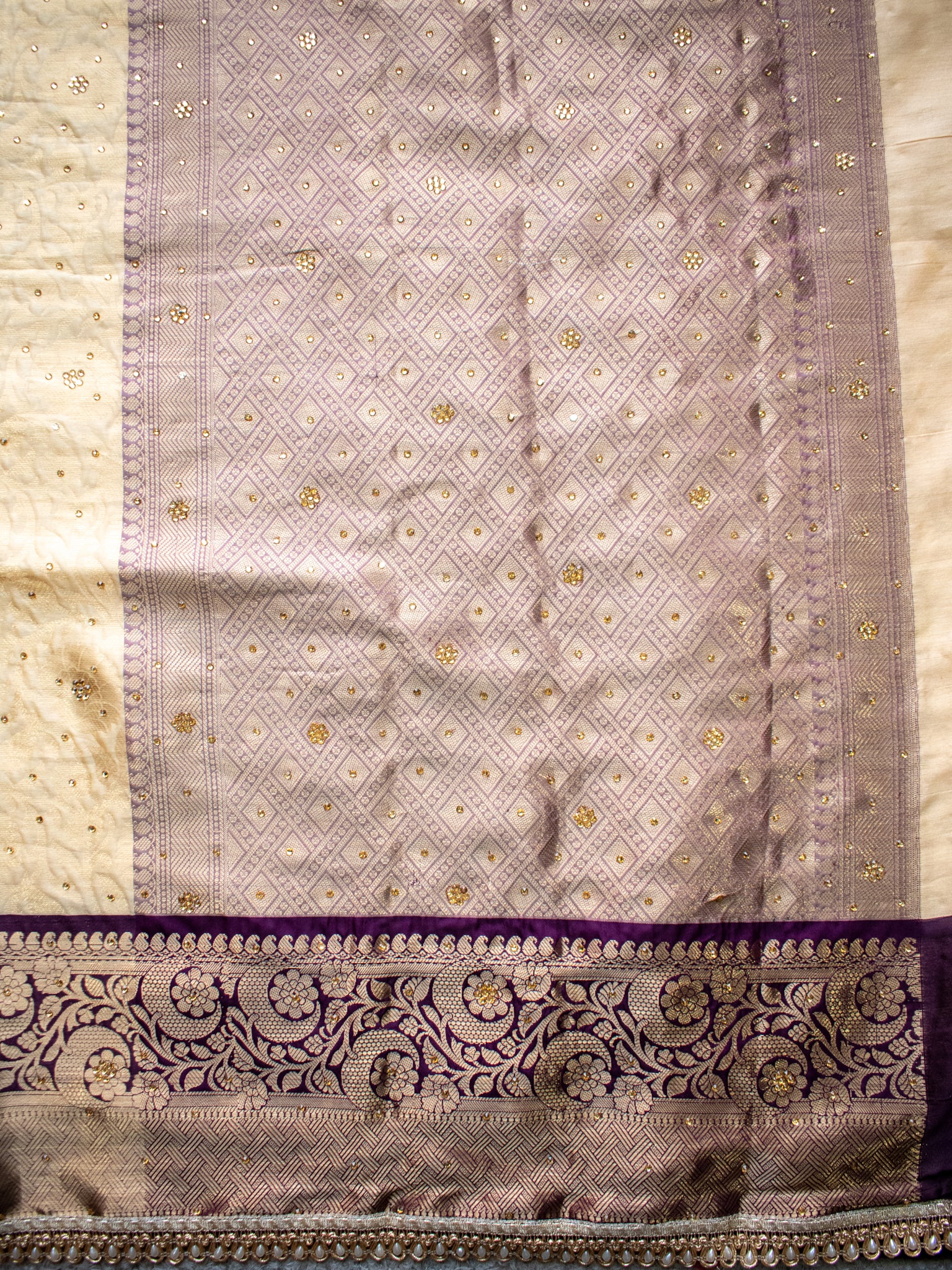 Banarasi Tissue Saree with Zari Weaving & Contrast Border With Lace- Beige