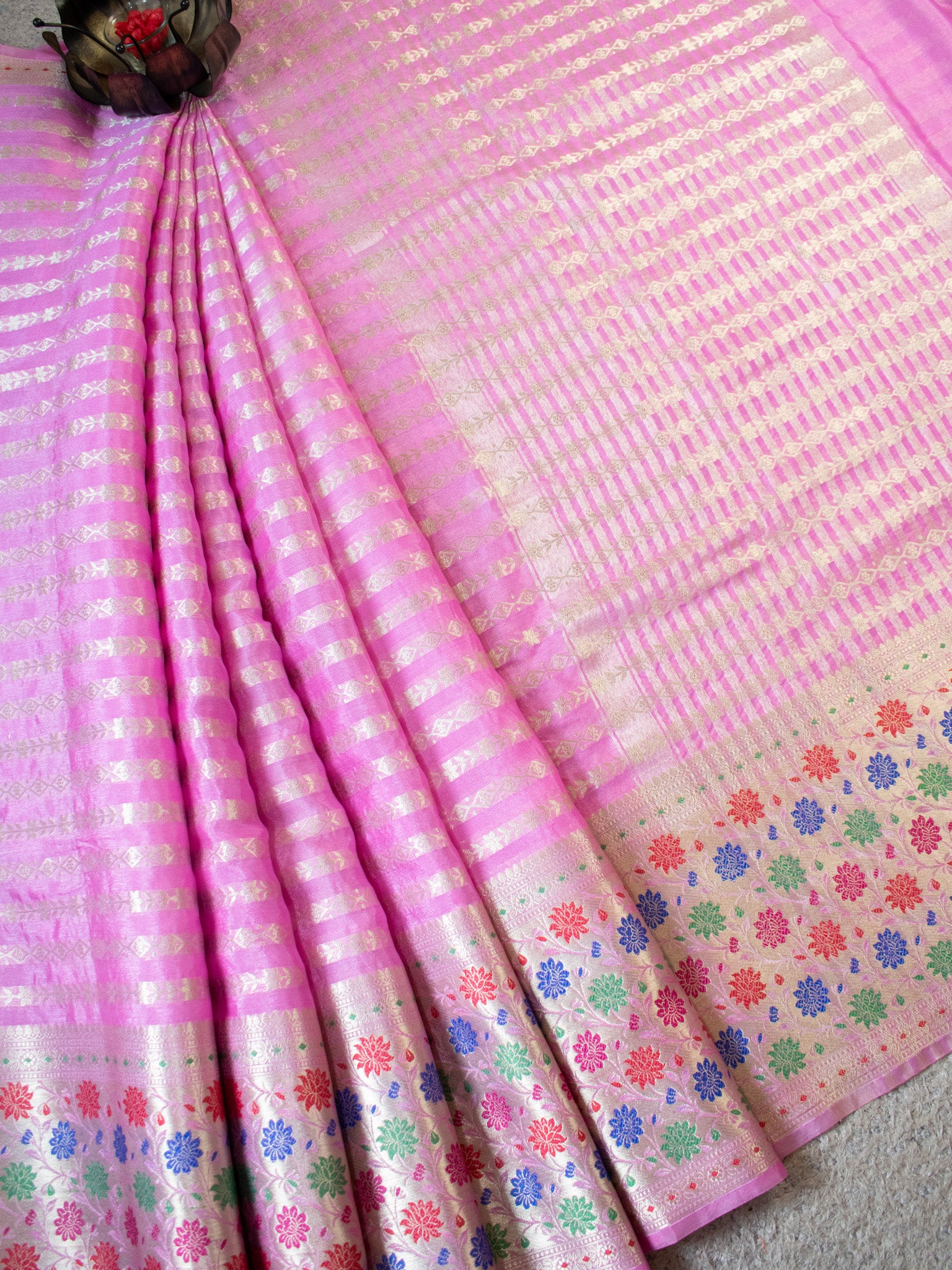 Banarasi Kora Saree With Zari Weaving & Meena Border-Pink