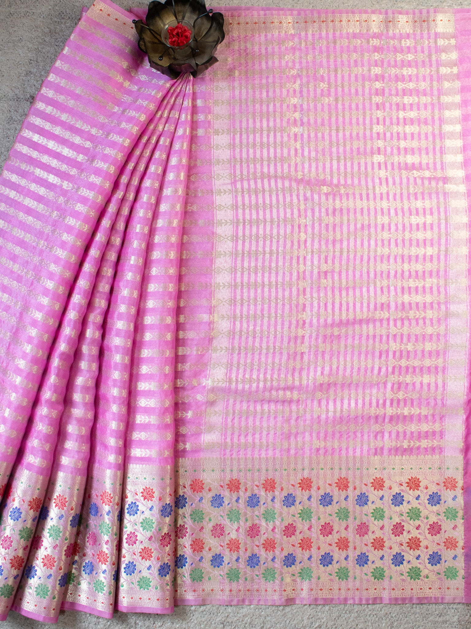 Banarasi Kora Saree With Zari Weaving & Meena Border-Pink