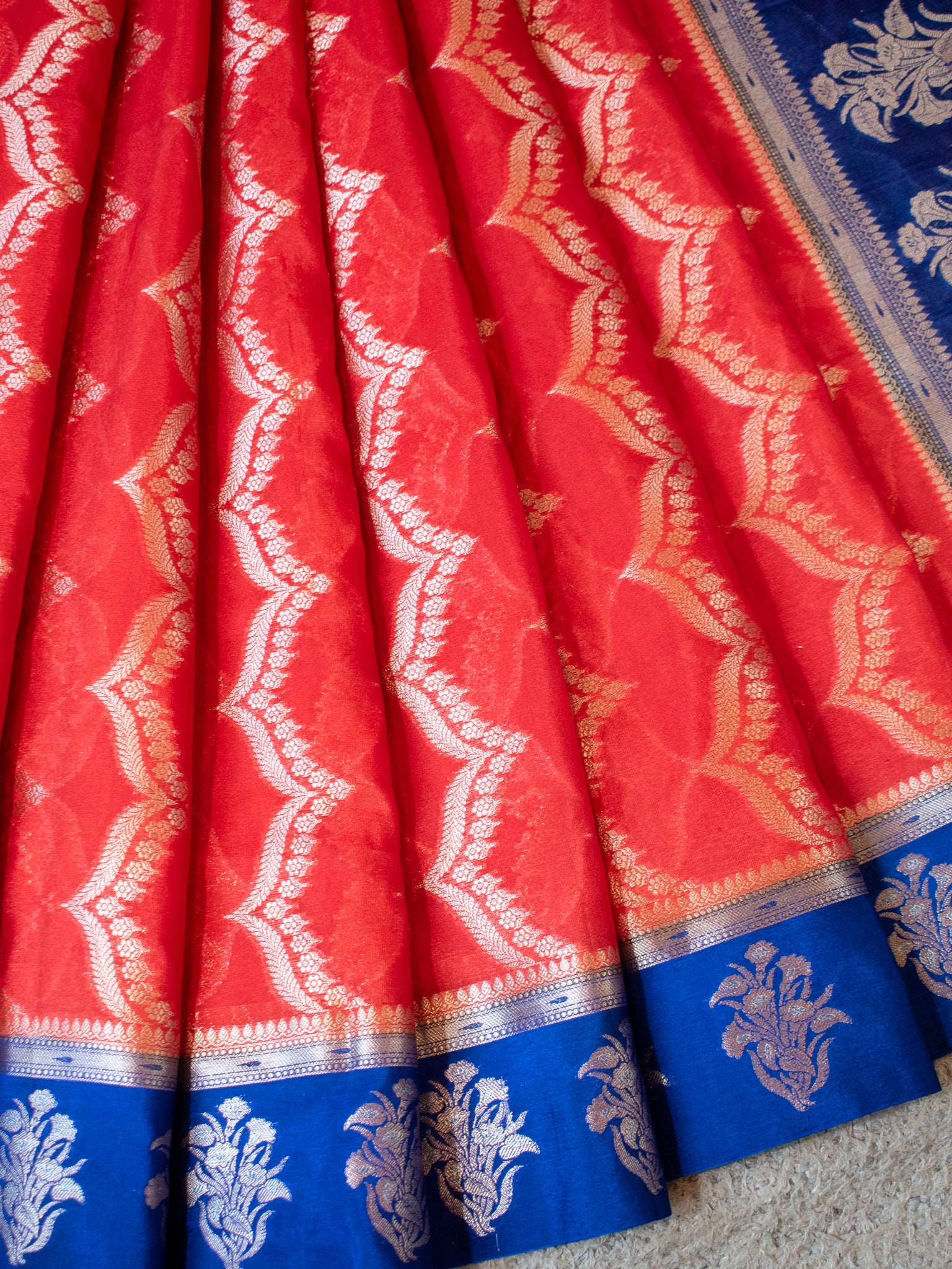 Banarasi Semi Silk Saree With Silver Zari Weaving & Contrast Border- Red