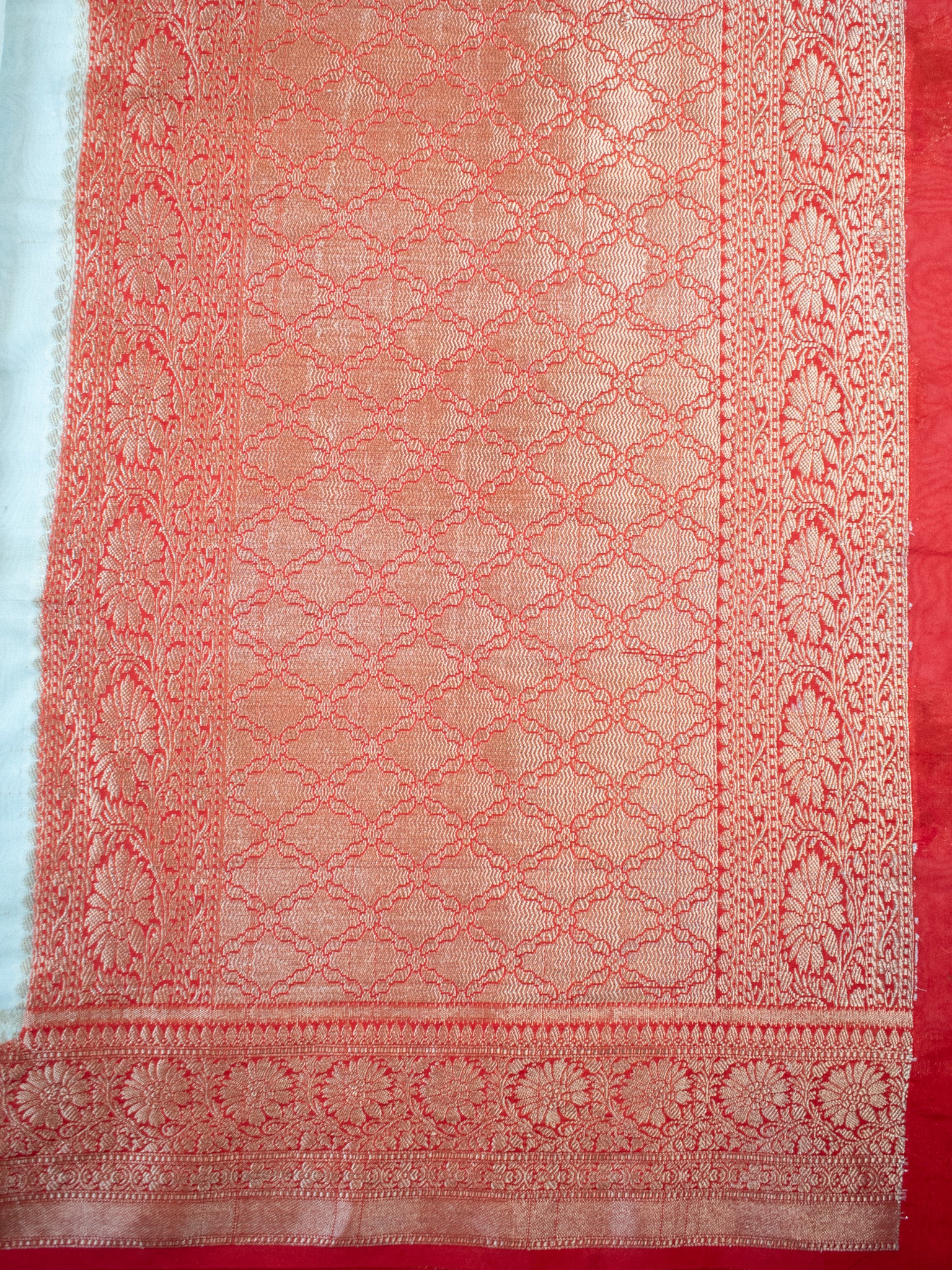 Banarasi Semi Georgette Saree With Contrast Border- White & Red