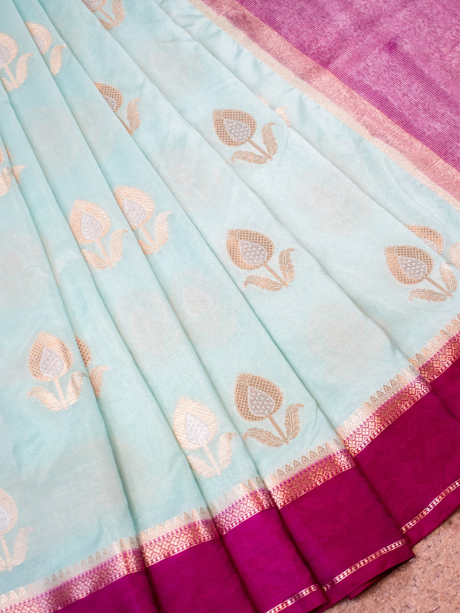 Banarasi Semi Silk Saree With Floral Zari Weaving & Contrast Border - Aqua Blue