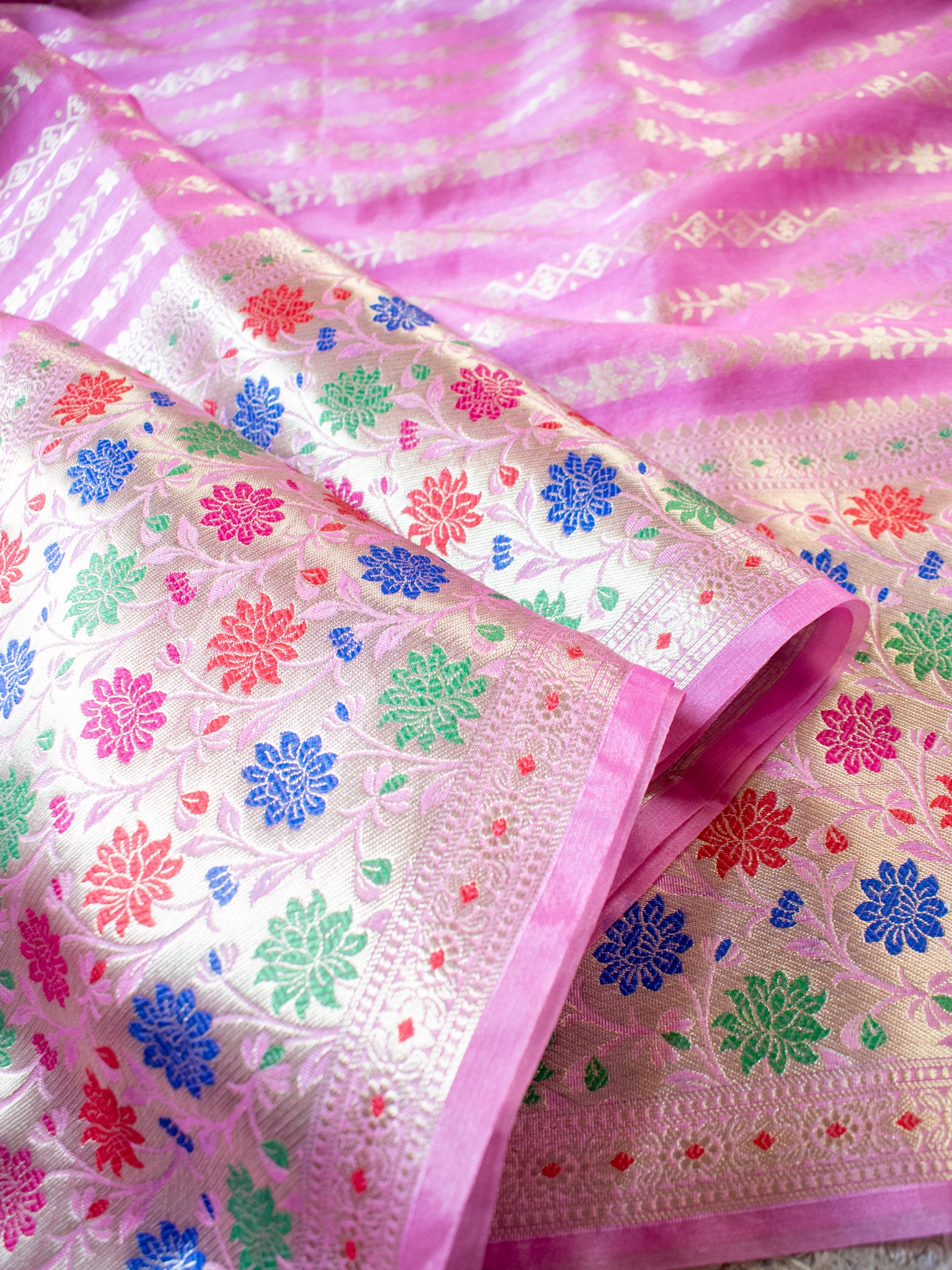 Banarasi Kora Saree With Zari Weaving & Meena Border-Pink