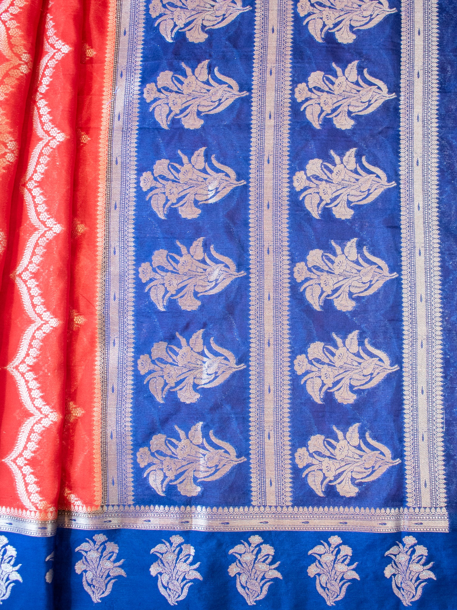 Banarasi Semi Silk Saree With Silver Zari Weaving & Contrast Border- Red