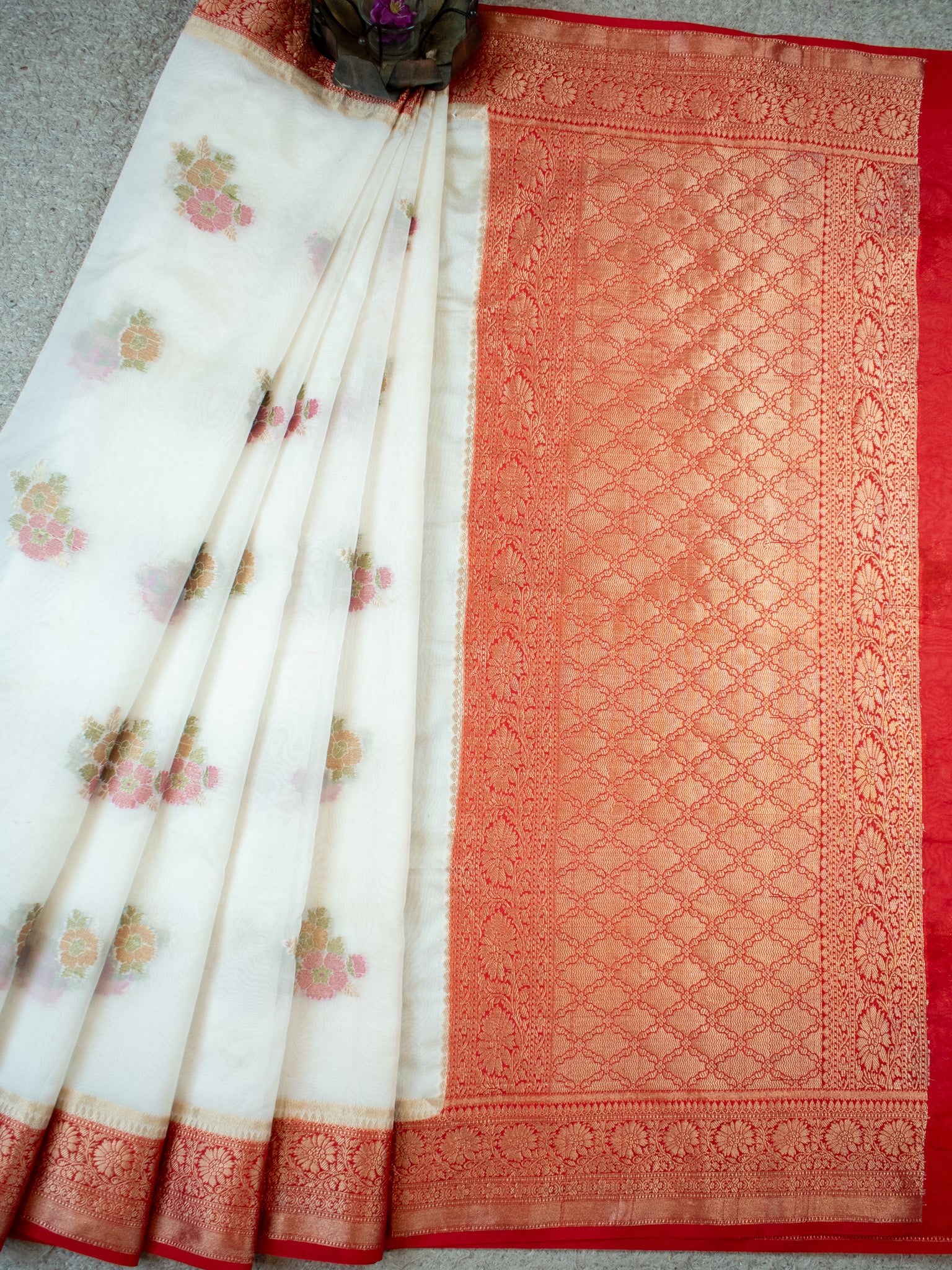 Banarasi Semi Georgette Saree With Contrast Border- White & Red